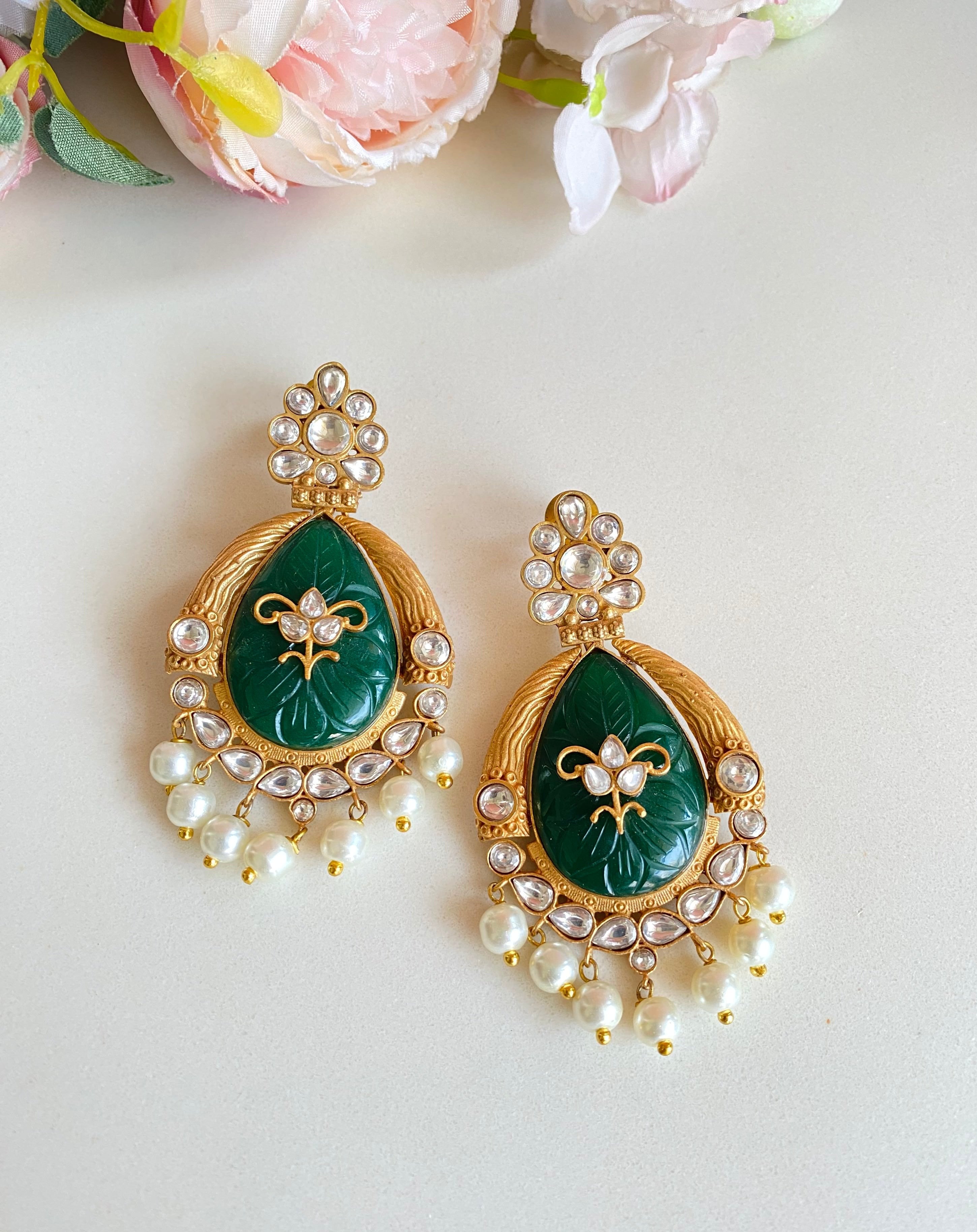 Gold Plated Green Stone Earrings