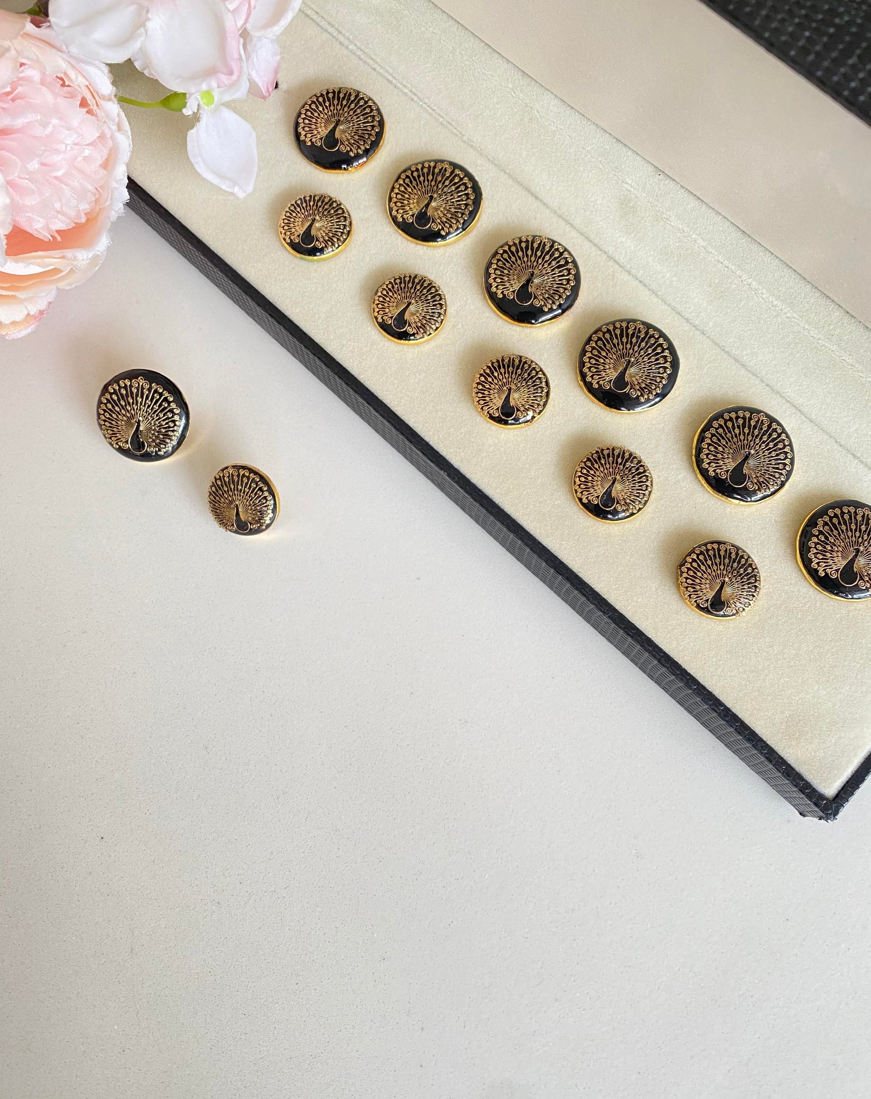 Peacock button set with black meena