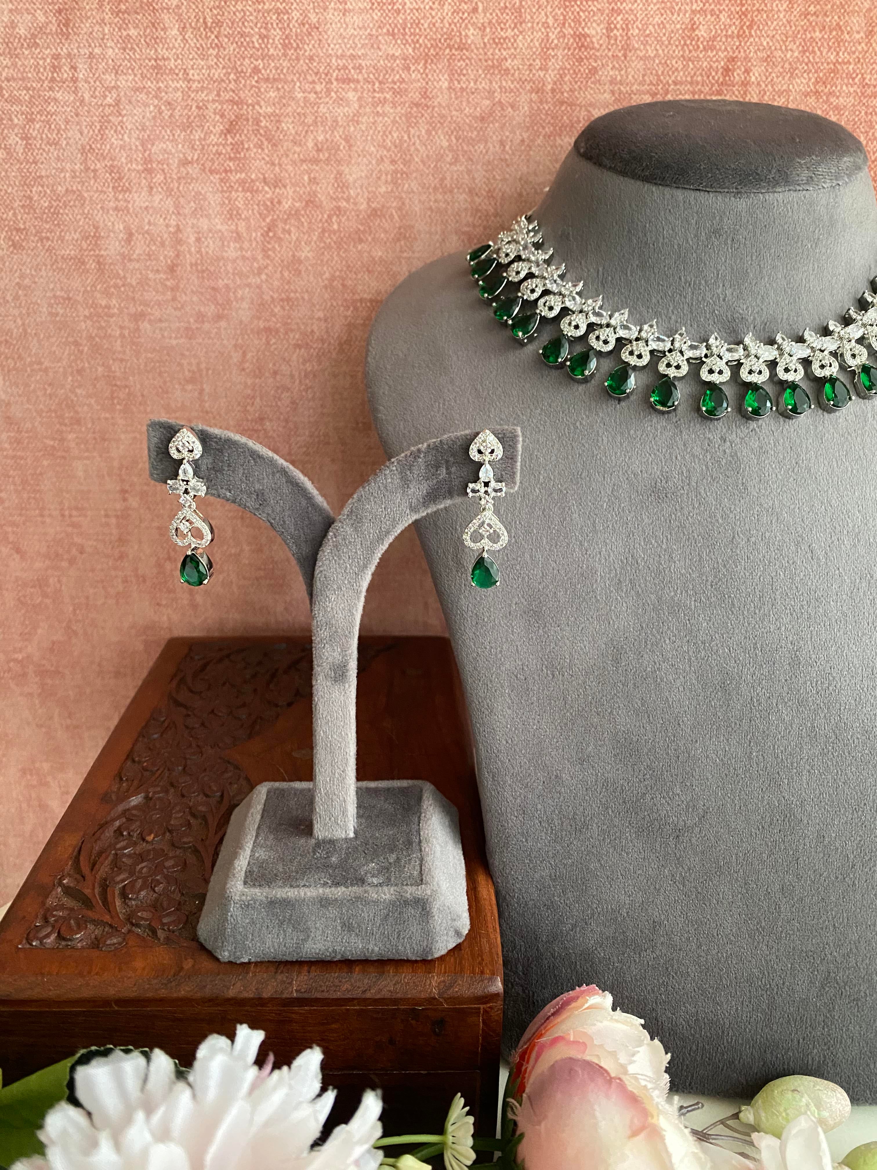 Silver Plated Emerald Diamond Necklace set