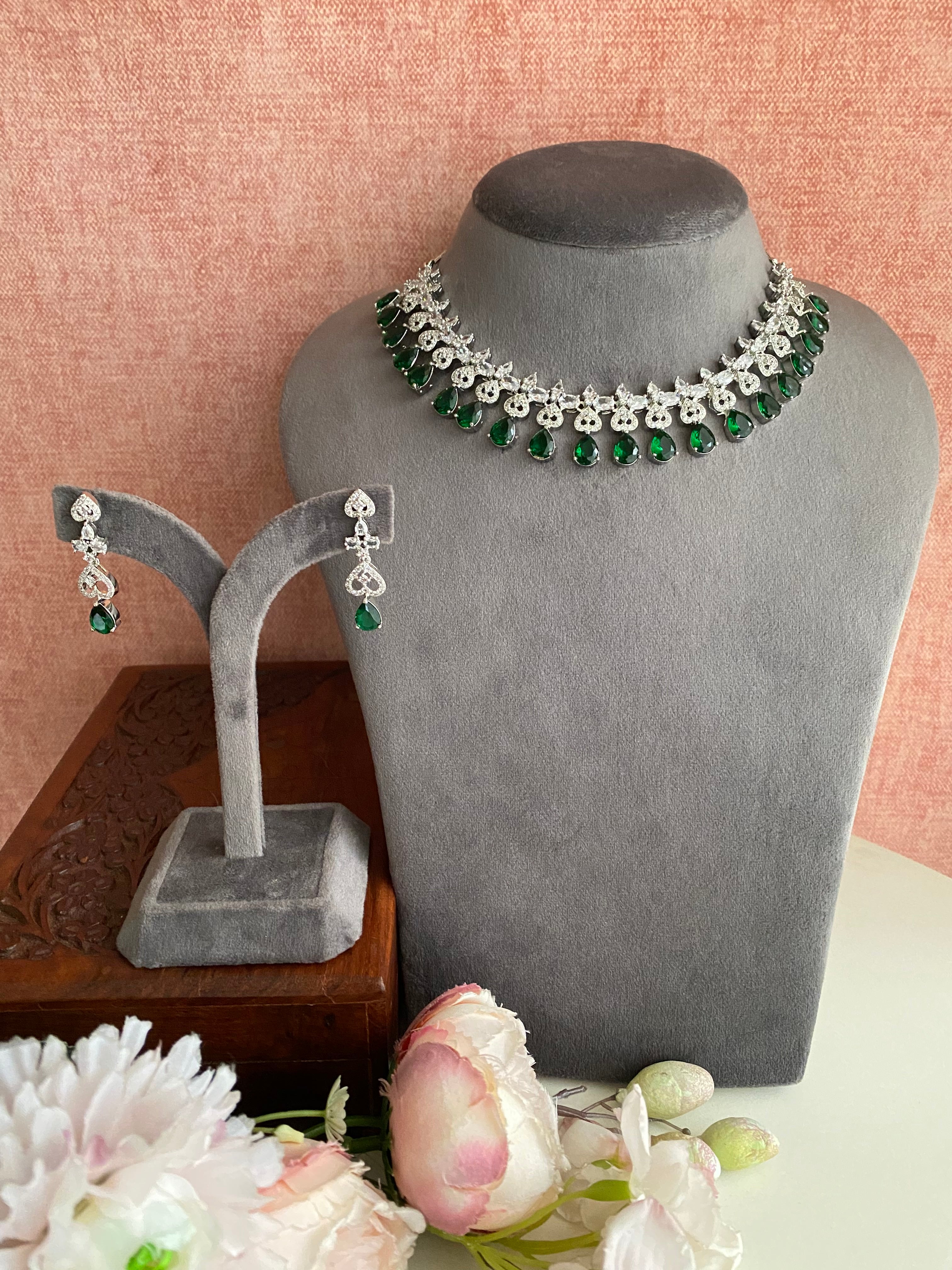 Silver Plated Emerald Diamond Necklace set