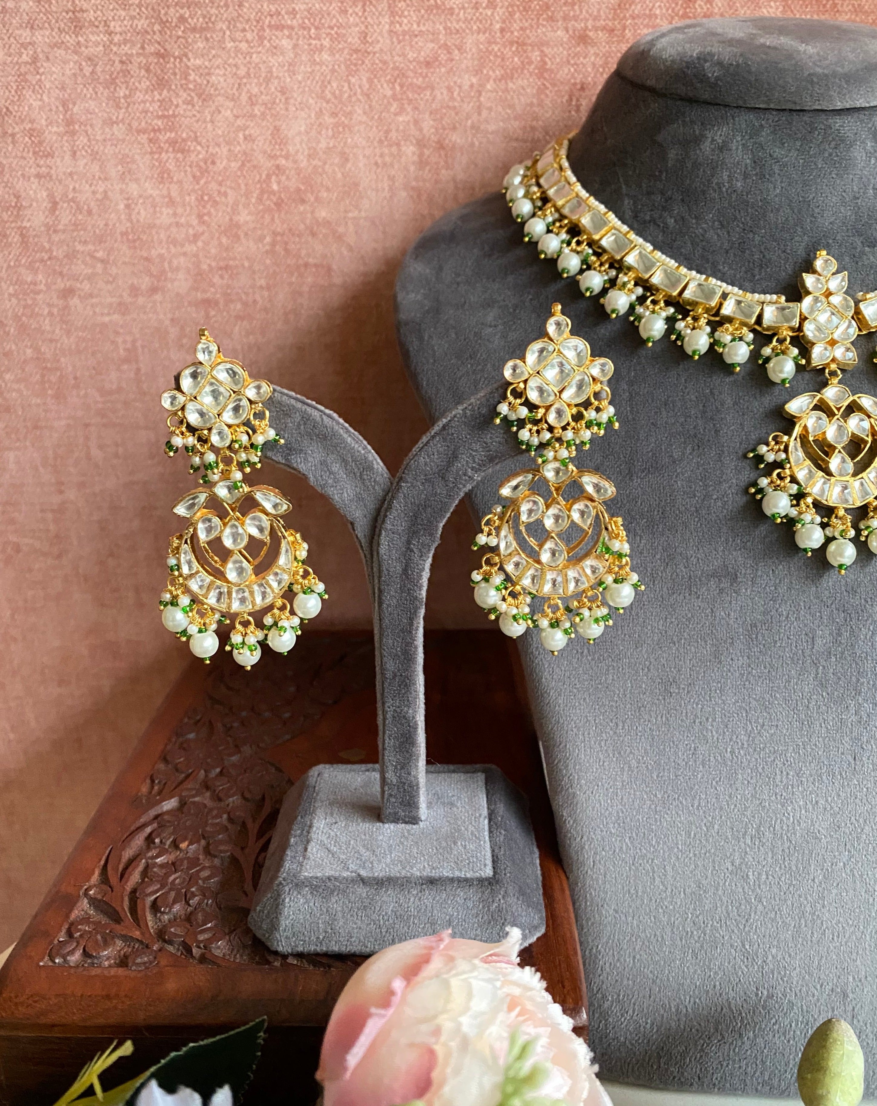 Kundan Gold plated necklace Set With Pearl Drops