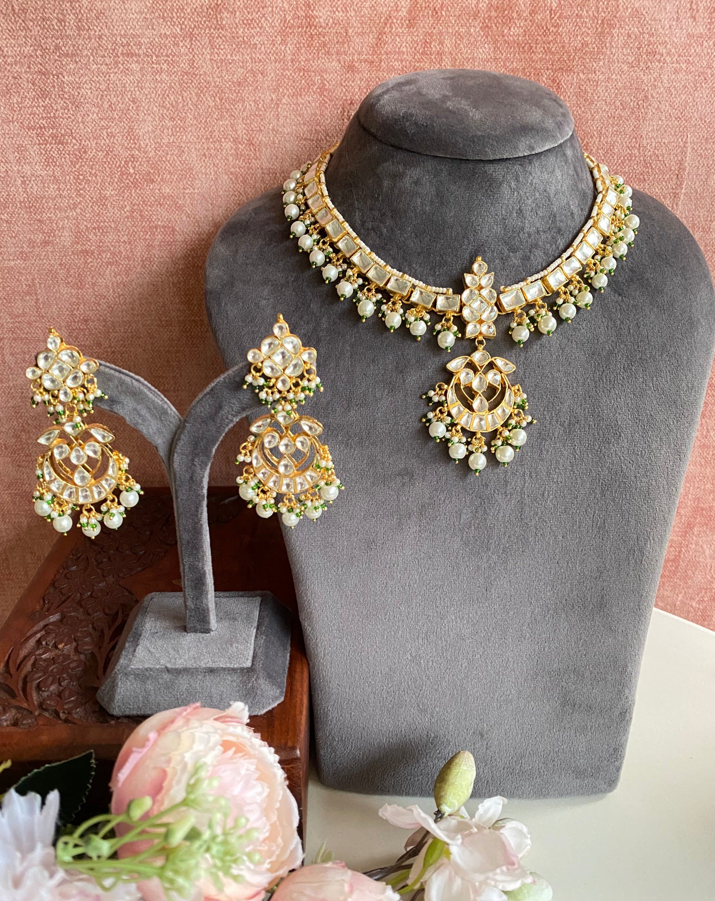 Kundan Gold plated necklace Set With Pearl Drops