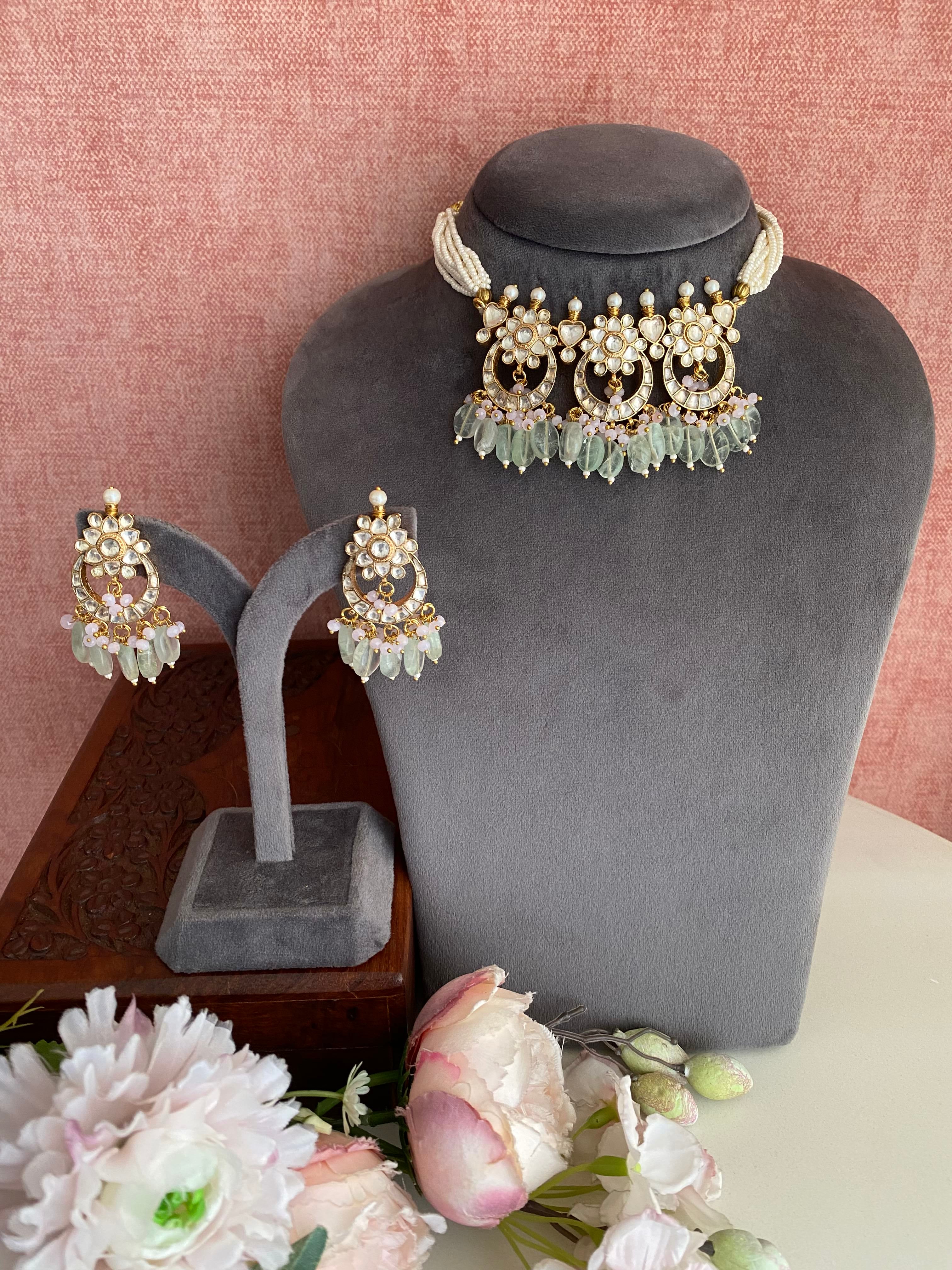 Gold plated Kundan choker set in mint drops