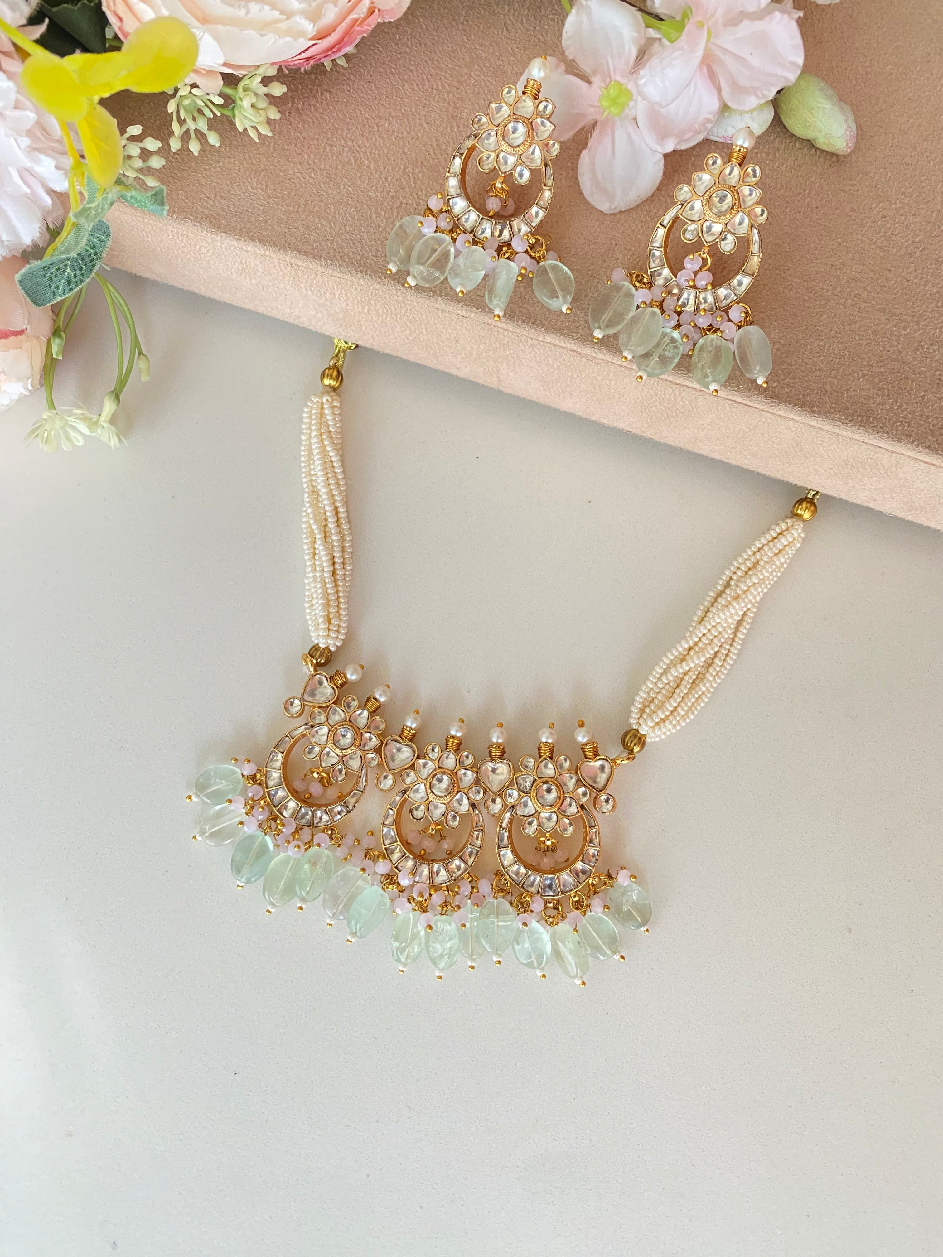Gold plated Kundan choker set in mint drops