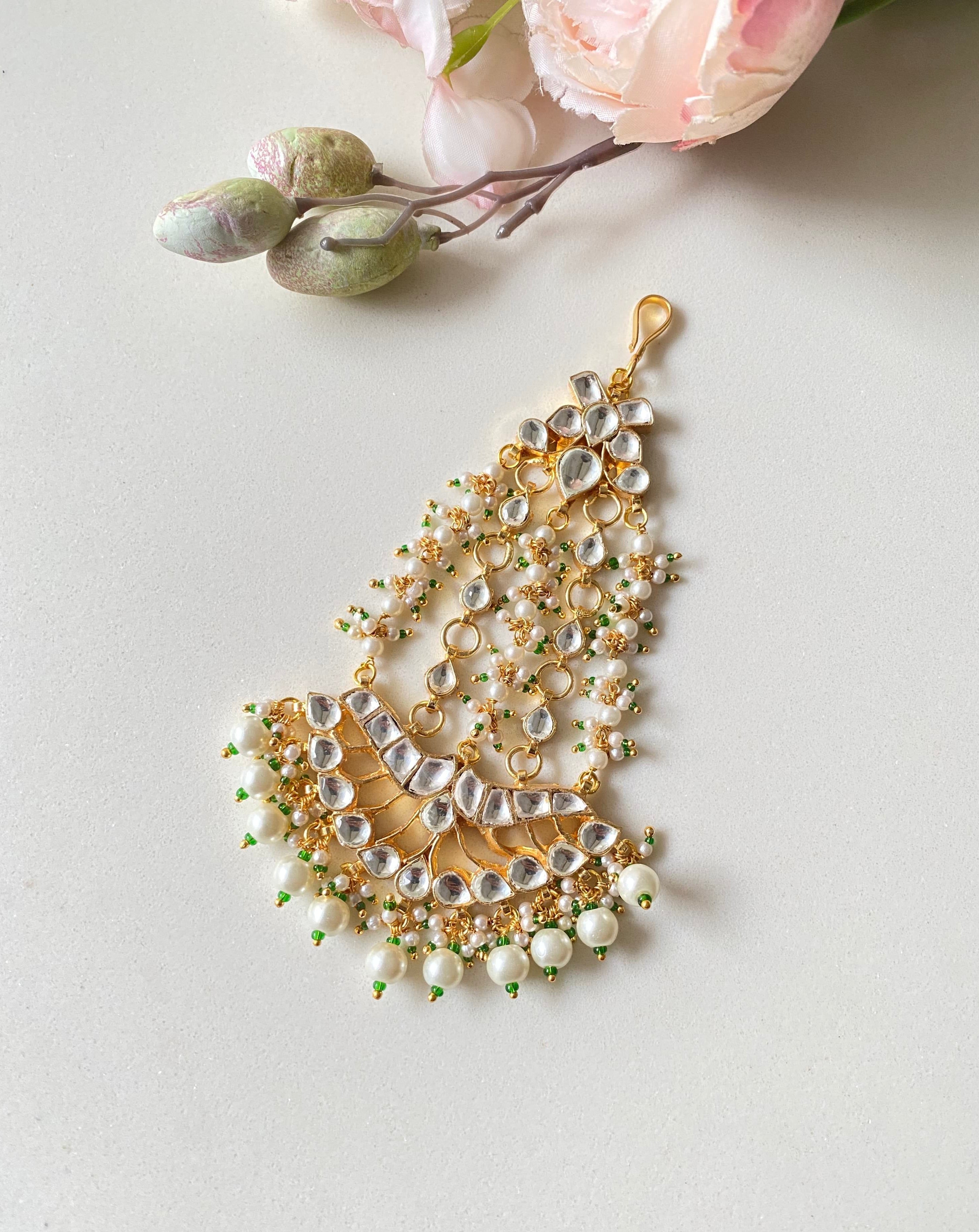 Gold plated Kundan Pasa in pearl drops