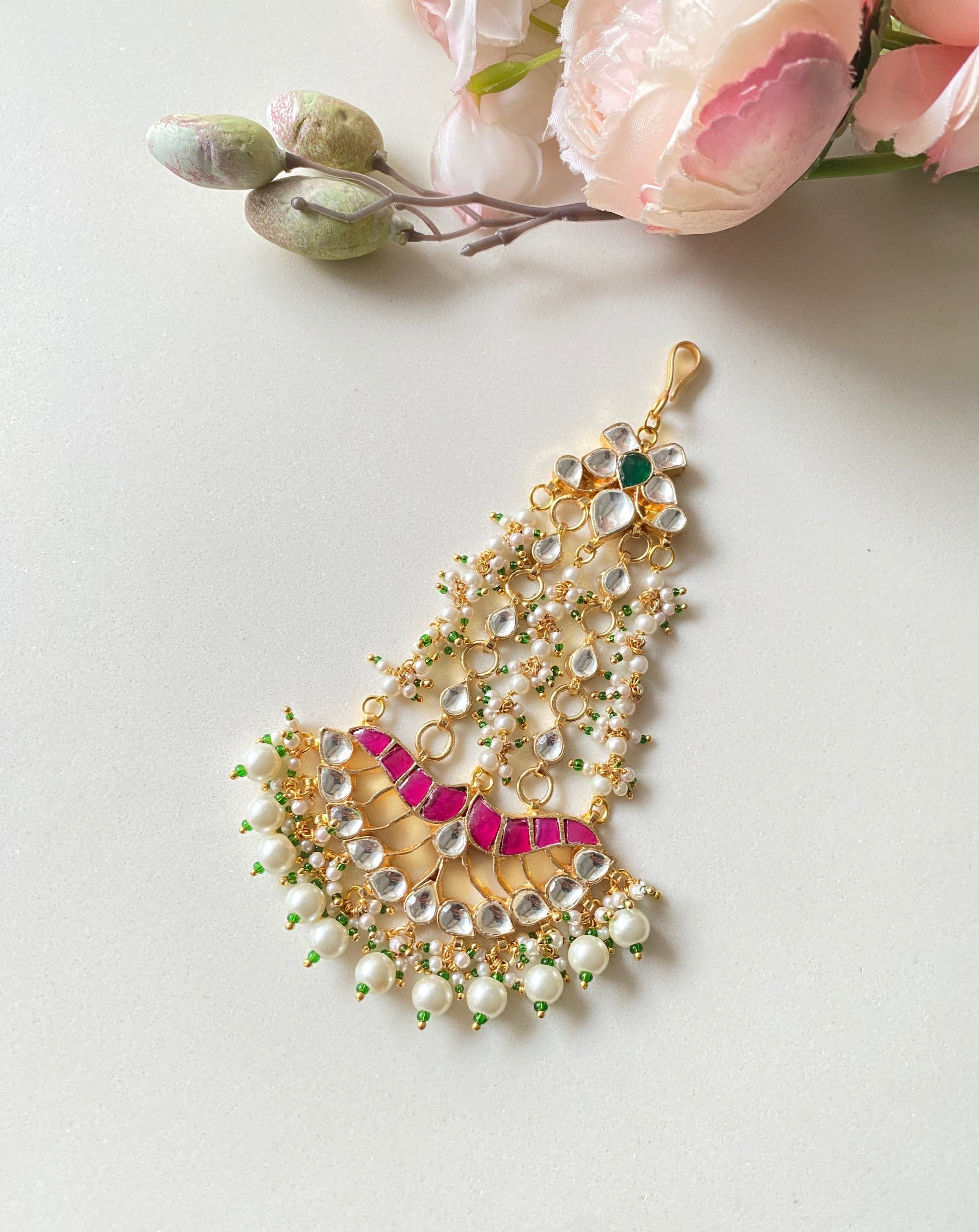 Gold plated Kundan Pasa in pearl drops