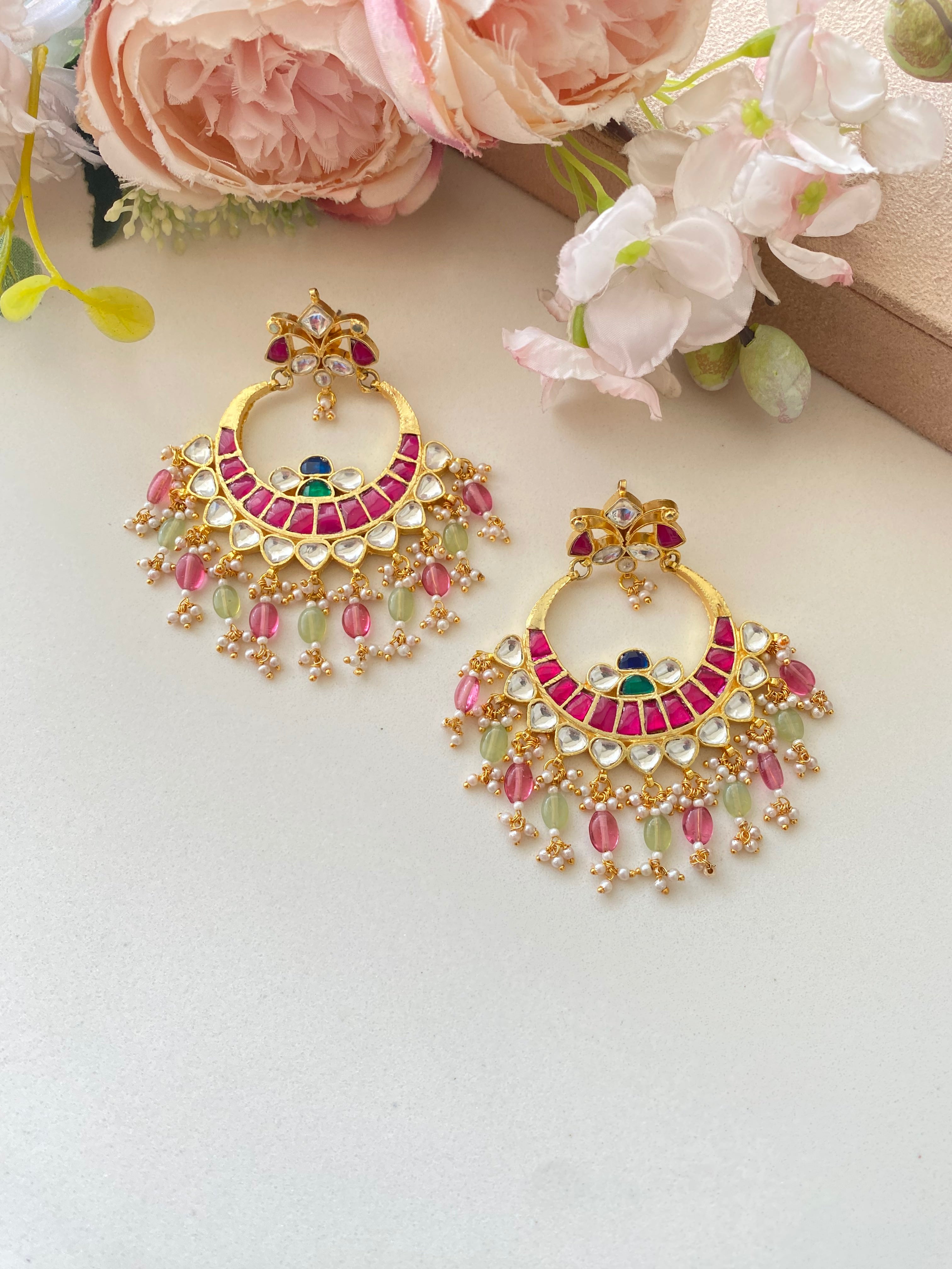 Multicolor Gold Plated Kundan Earrings in pearl