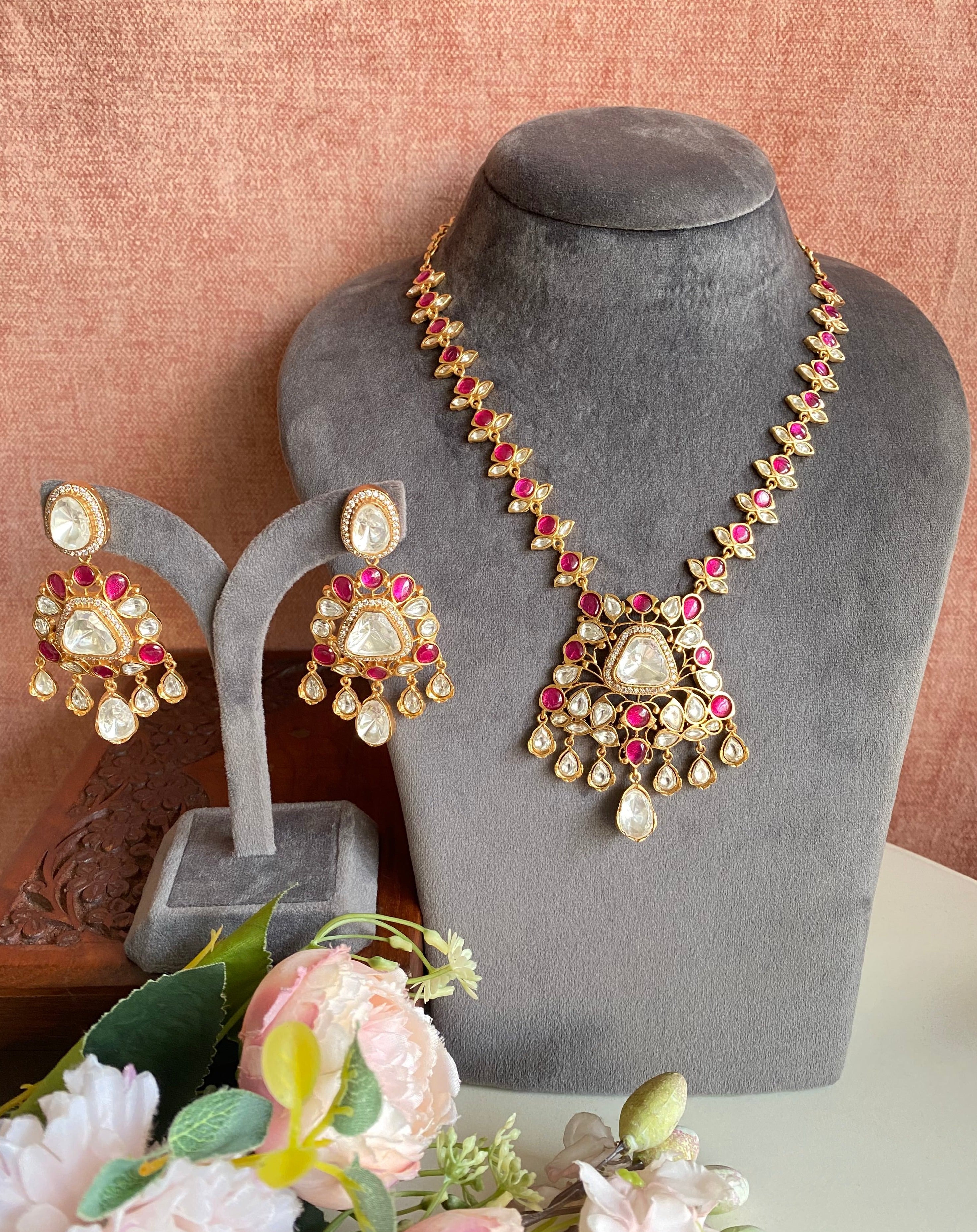 Gold plated Mossanite pink Necklace Set
