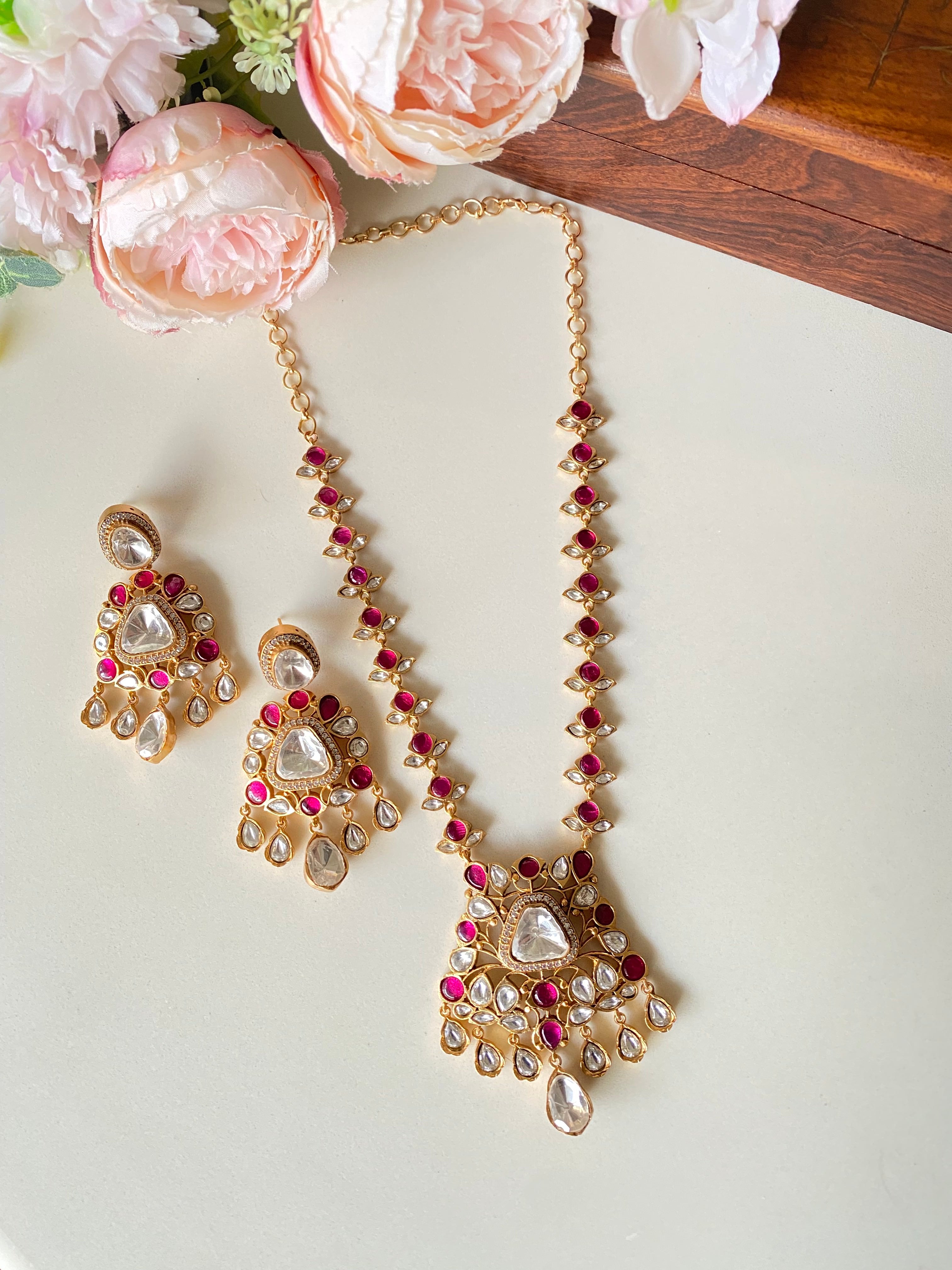 Gold plated Mossanite pink Necklace Set
