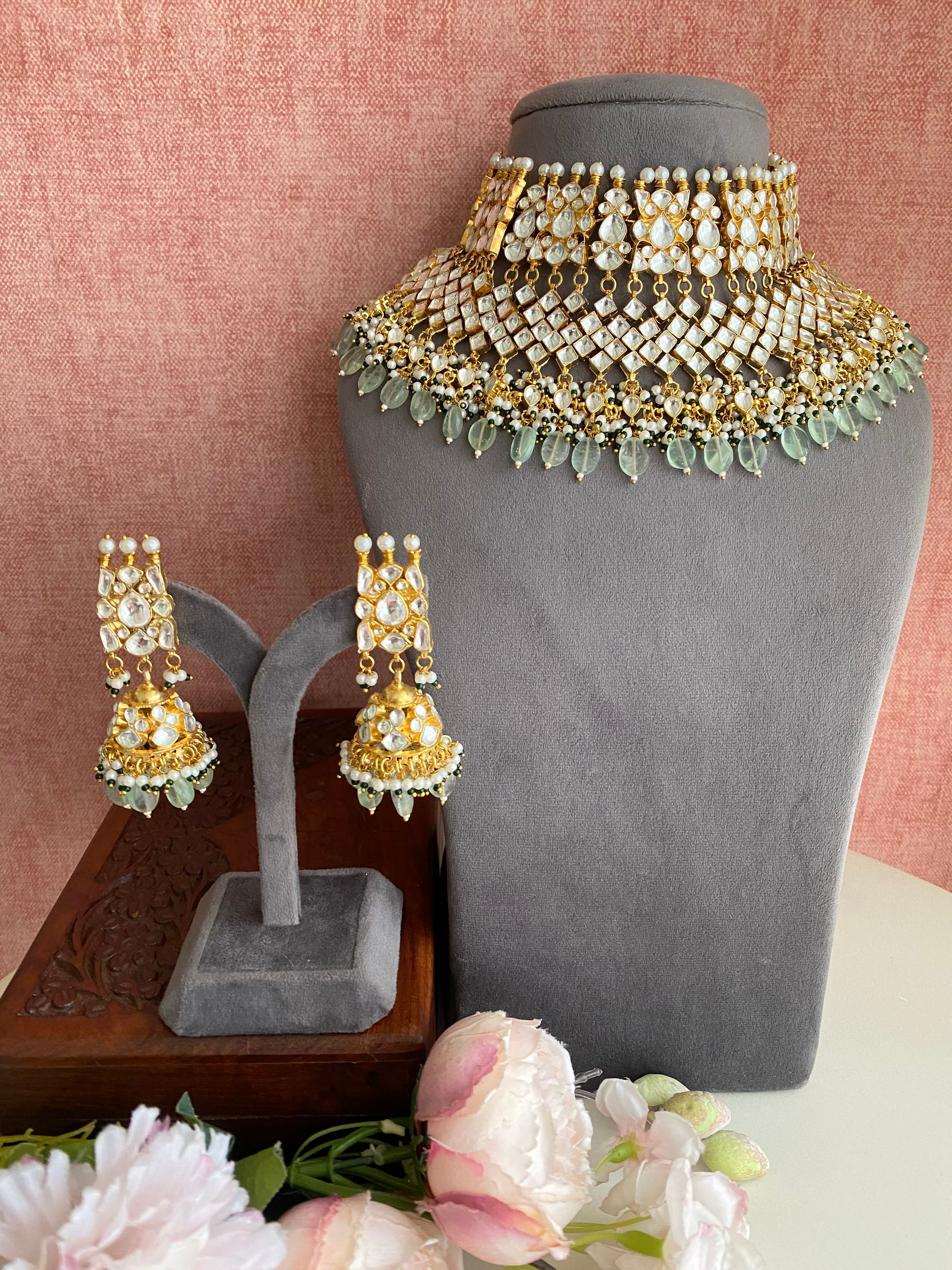 Gold Plated Jadau Kundan Bridal Necklace set in mint drops