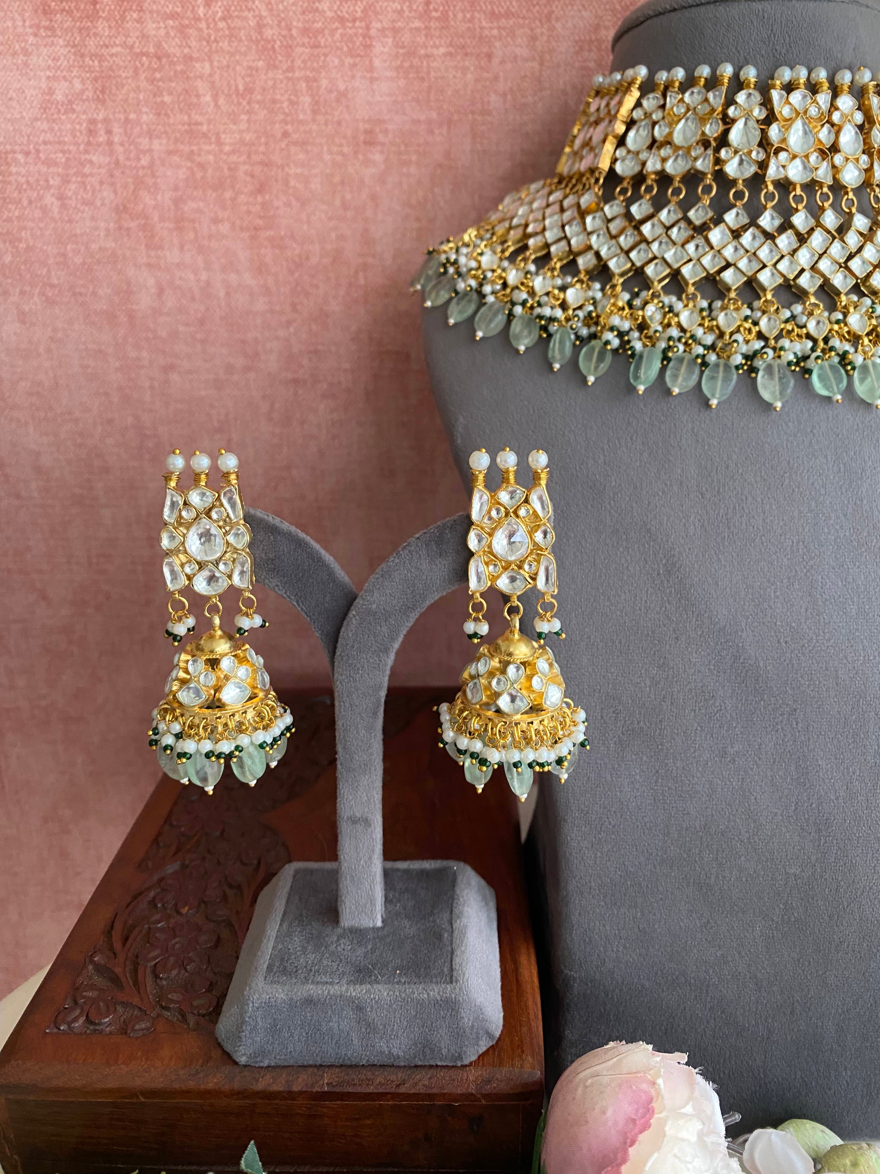 Gold Plated Jadau Kundan Bridal Necklace set in mint drops
