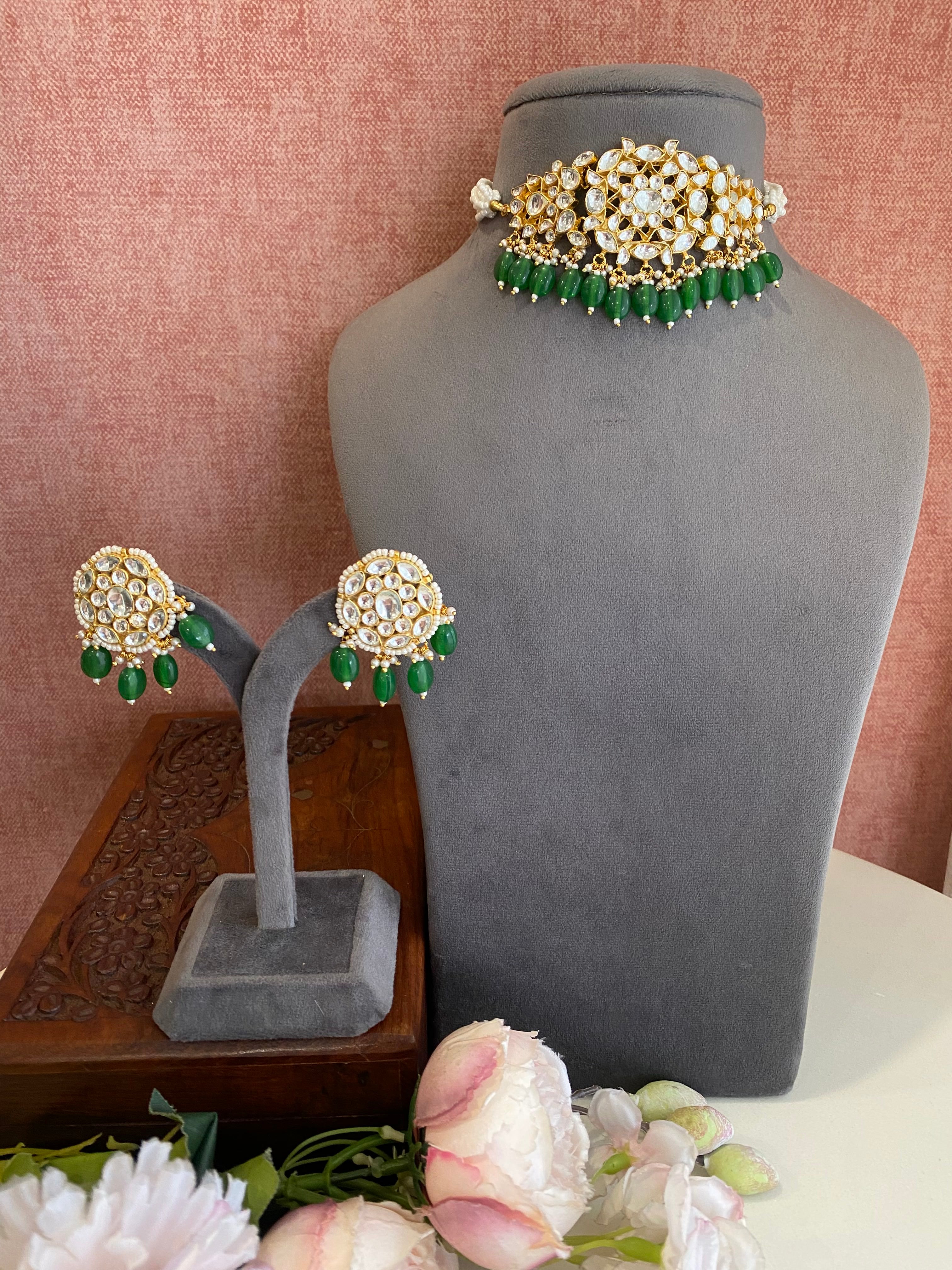 Gold plated Kundan choker set in green drops