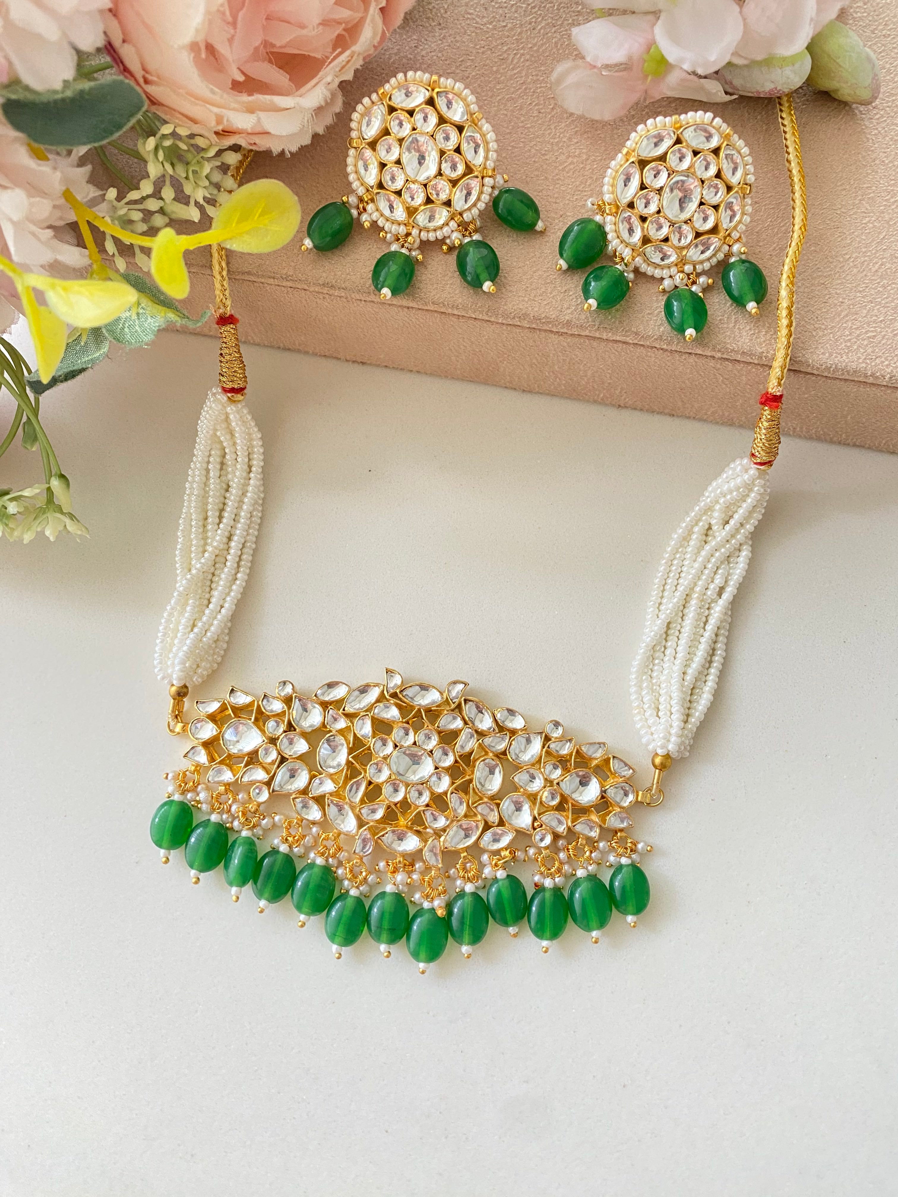 Gold plated Kundan choker set in green drops