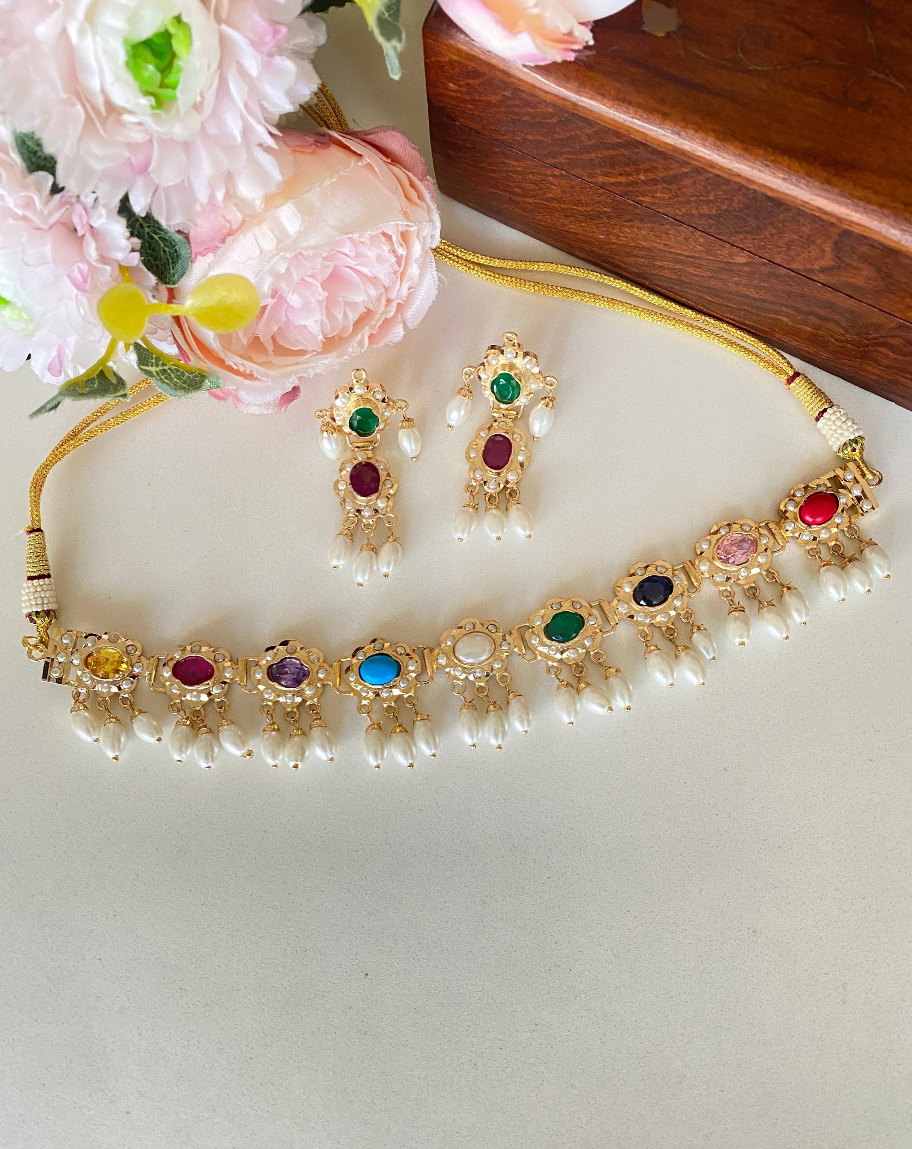 Amritsari Jadau Gold Plated Navrattan Choker Set