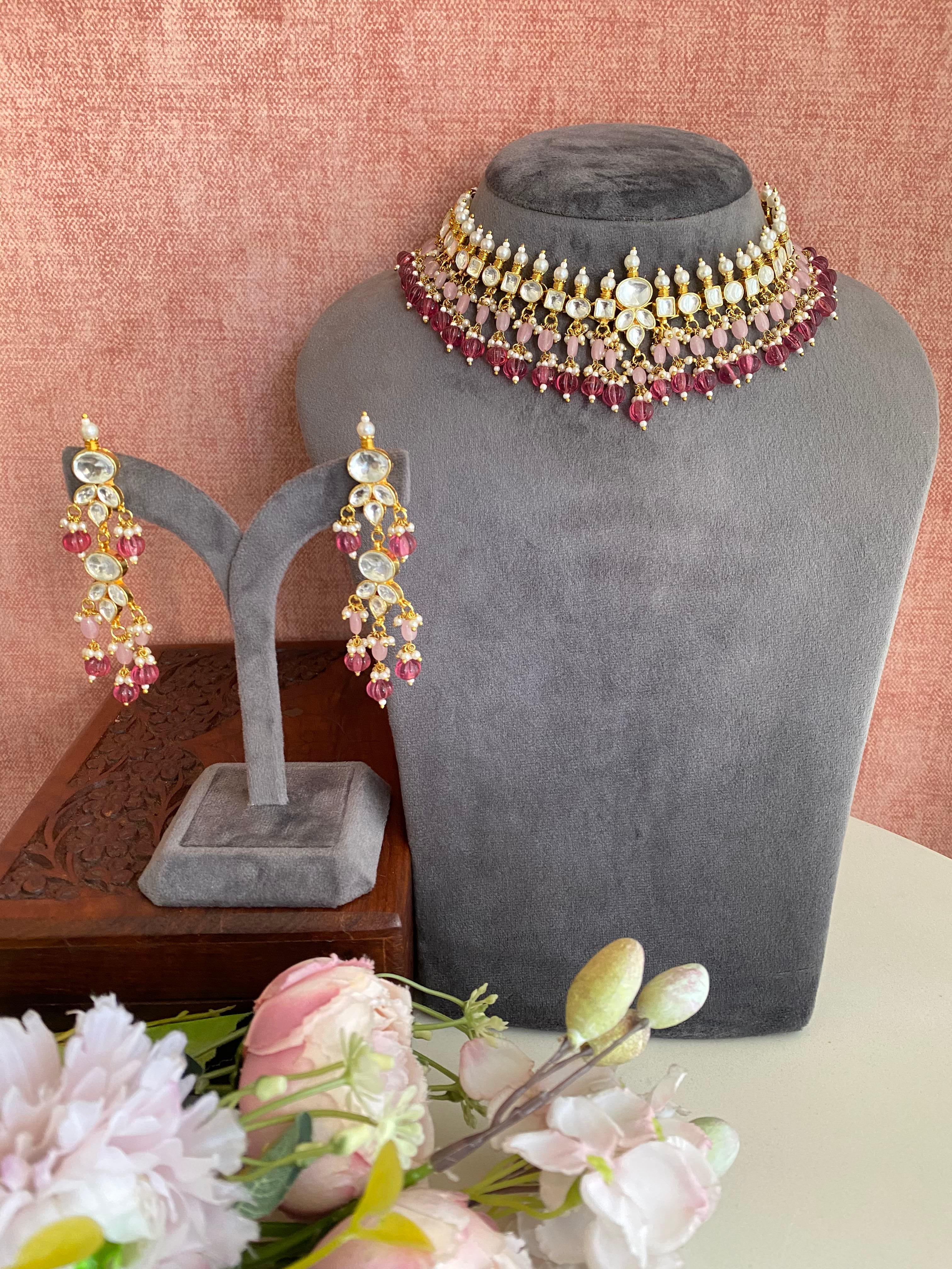 Kundan Gold plated necklace set in Pink drops