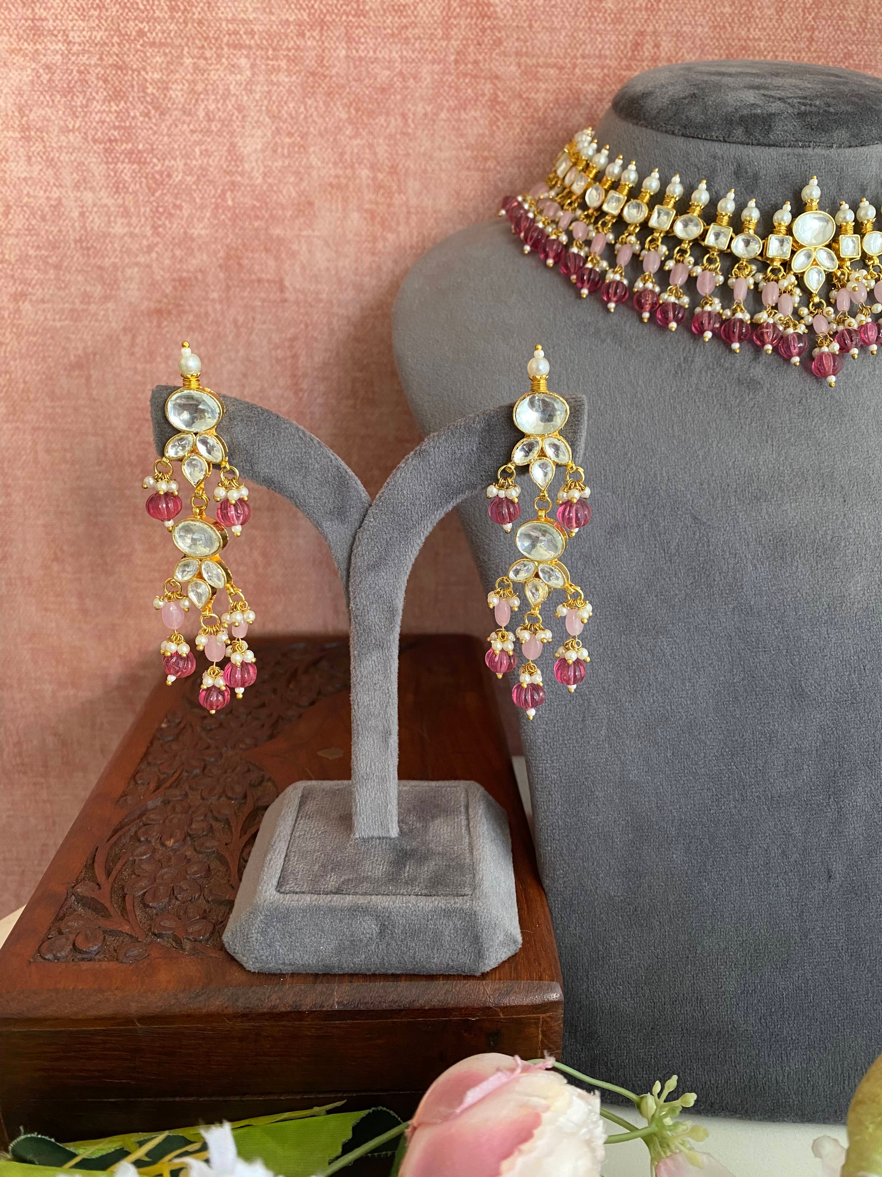 Kundan Gold plated necklace set in Pink drops