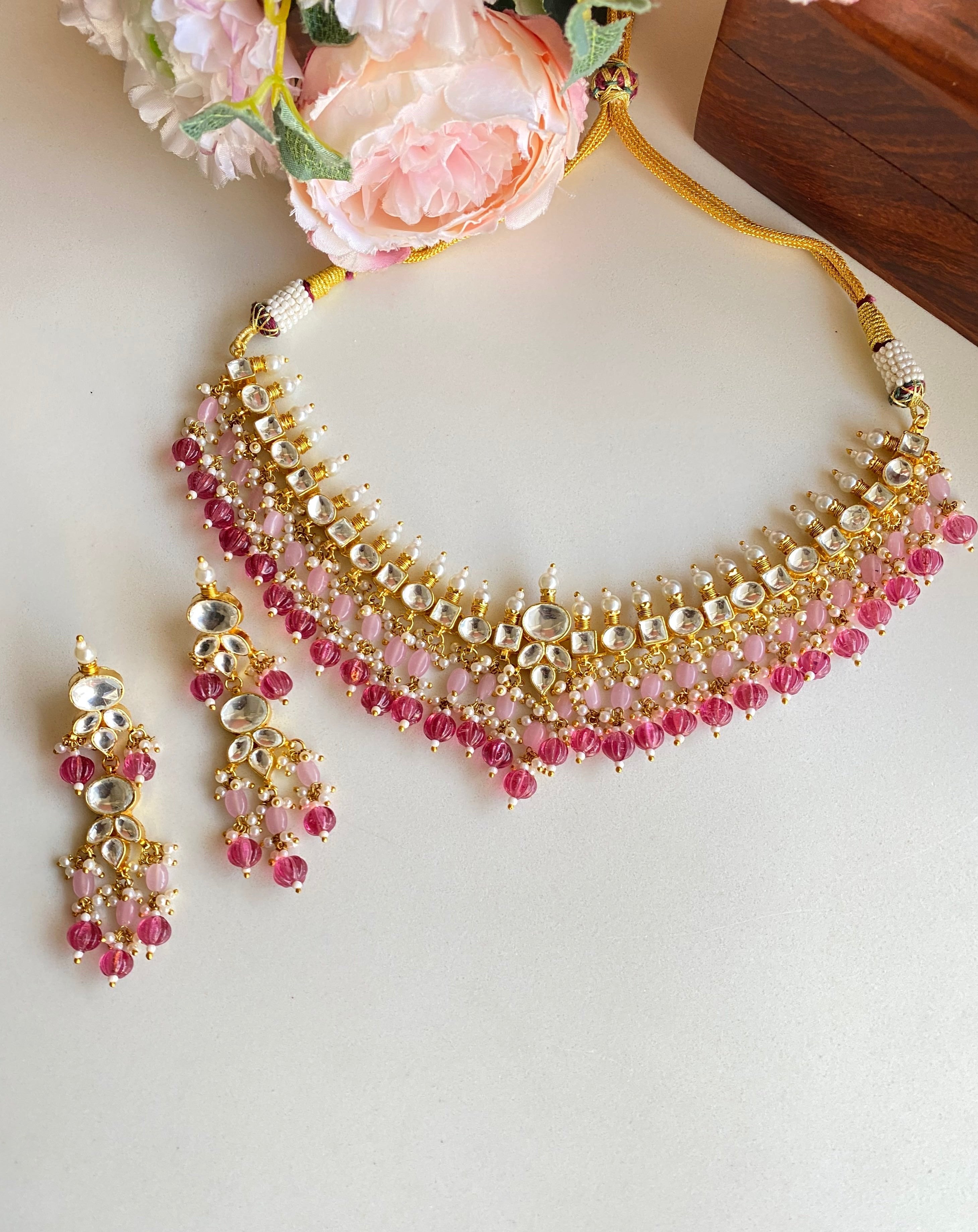 Kundan Gold plated necklace set in Pink drops