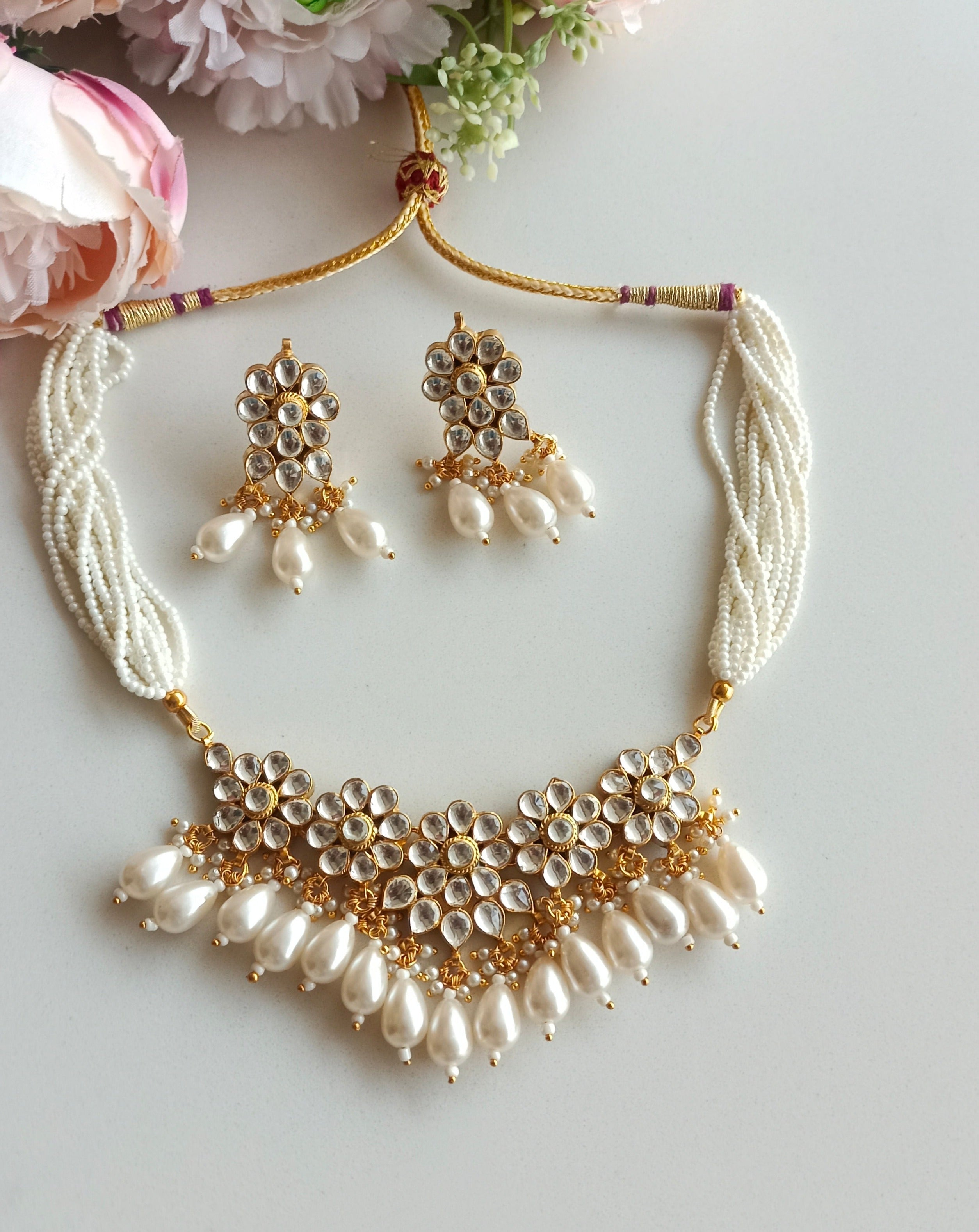 Gold Plated Kundan Floral Necklace Set