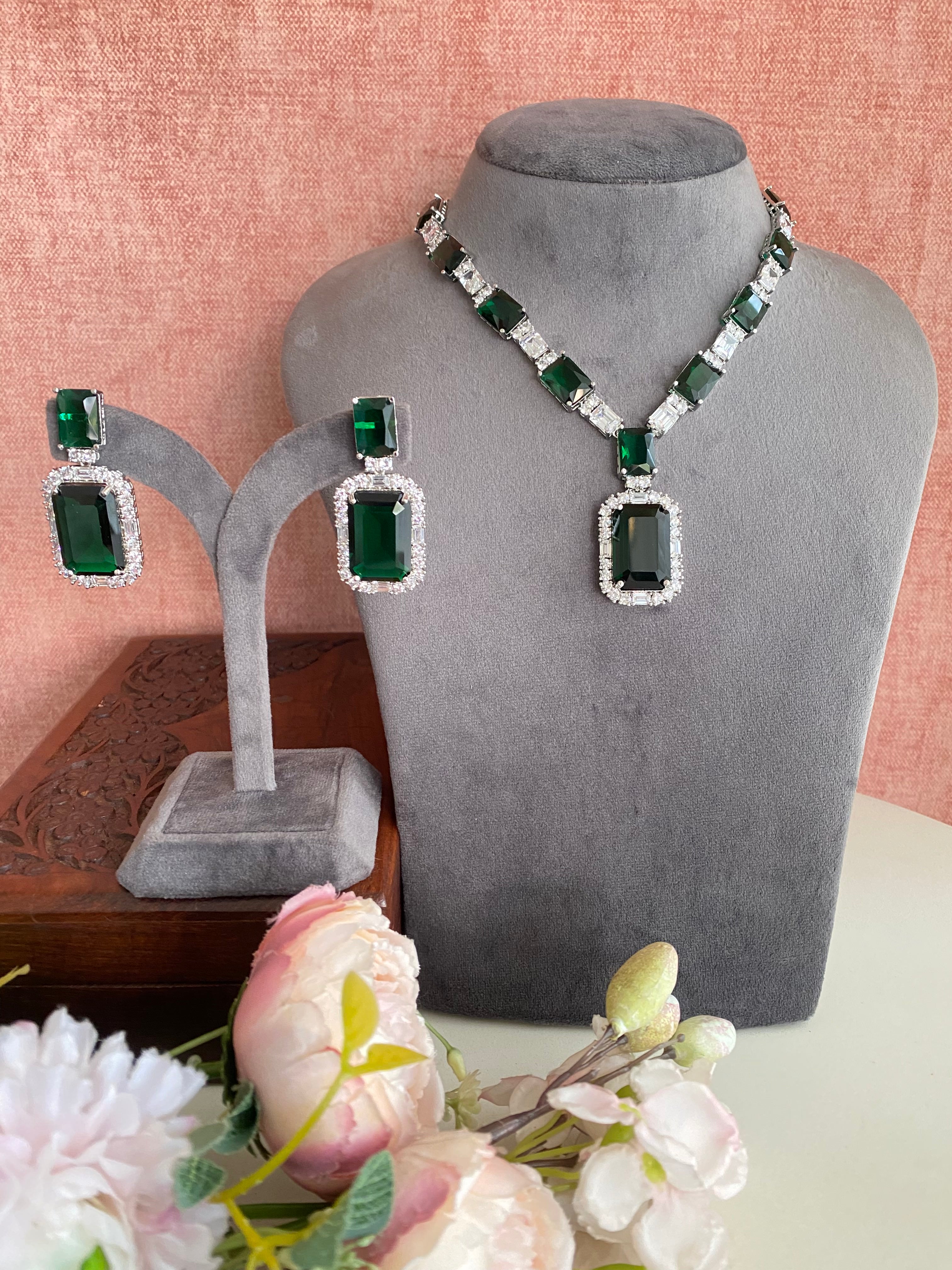 Silver Plated Emerald Diamond Long Necklace set