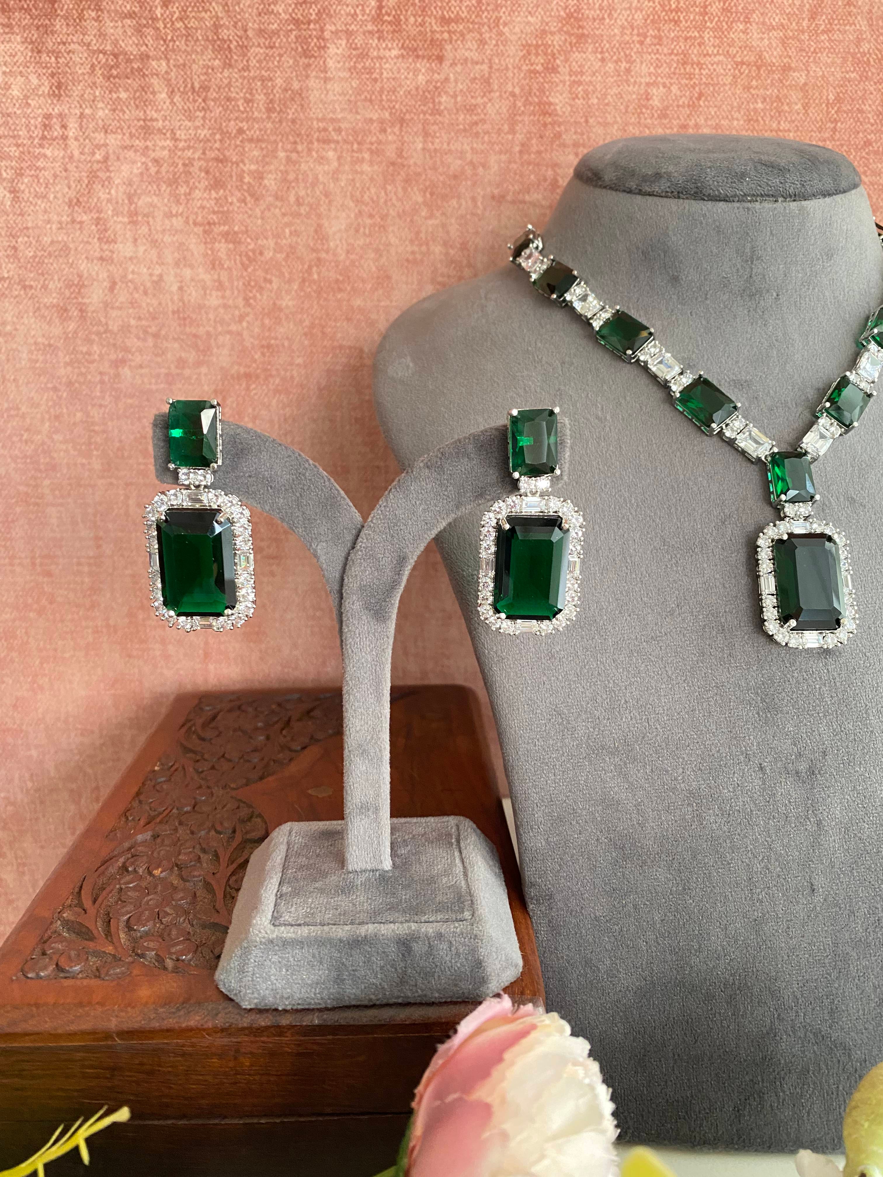 Silver Plated Emerald Diamond Long Necklace set