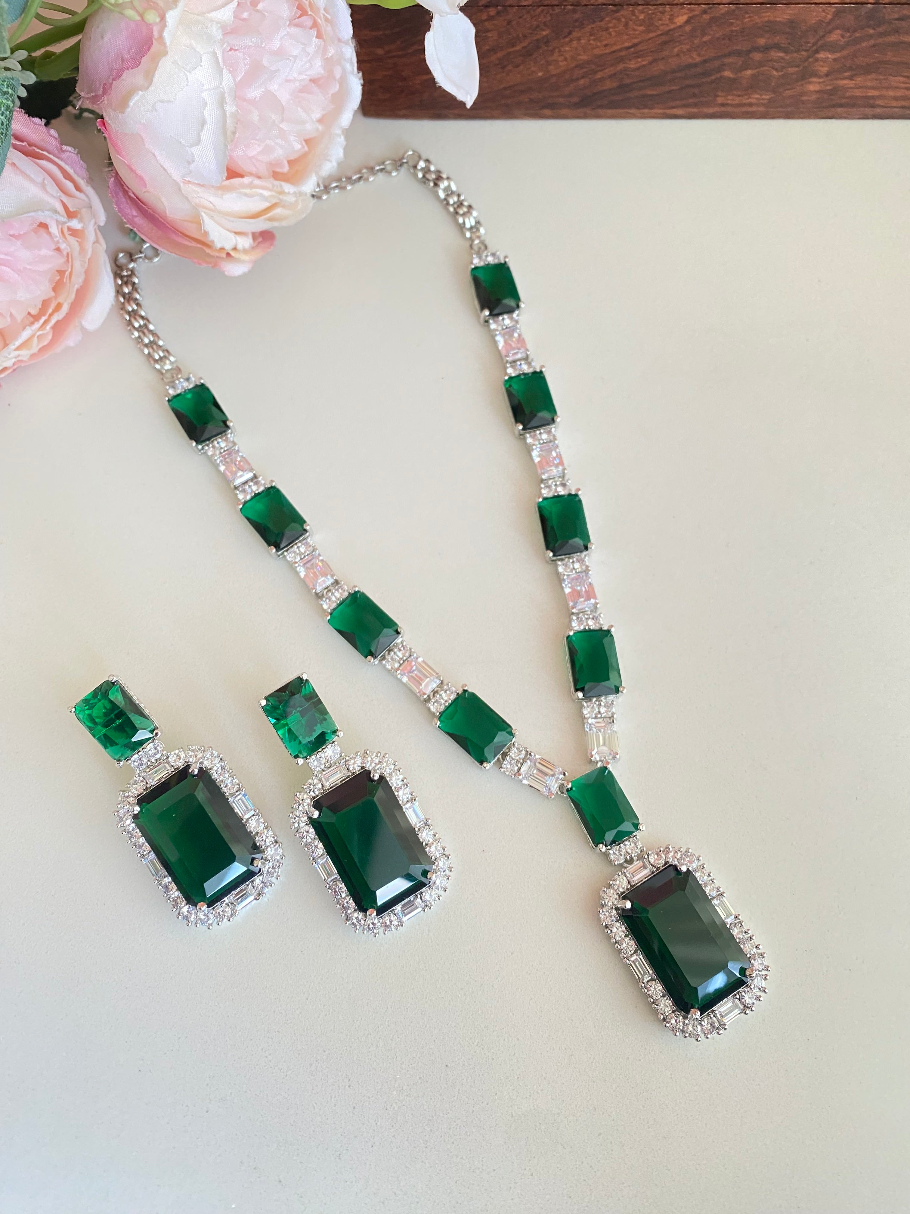 Silver Plated Emerald Diamond Long Necklace set
