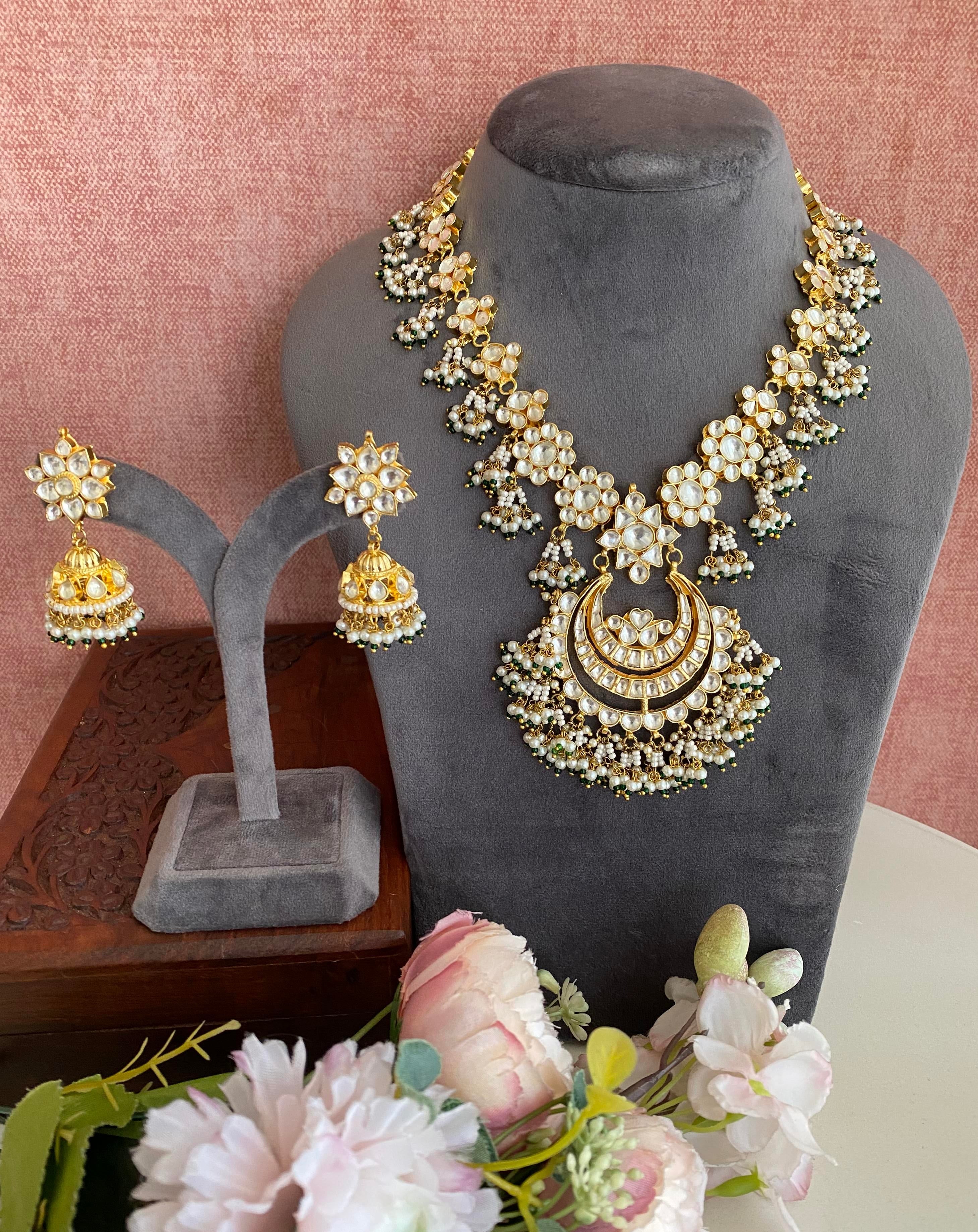 Gold Plated Kundan long set in Green pearl