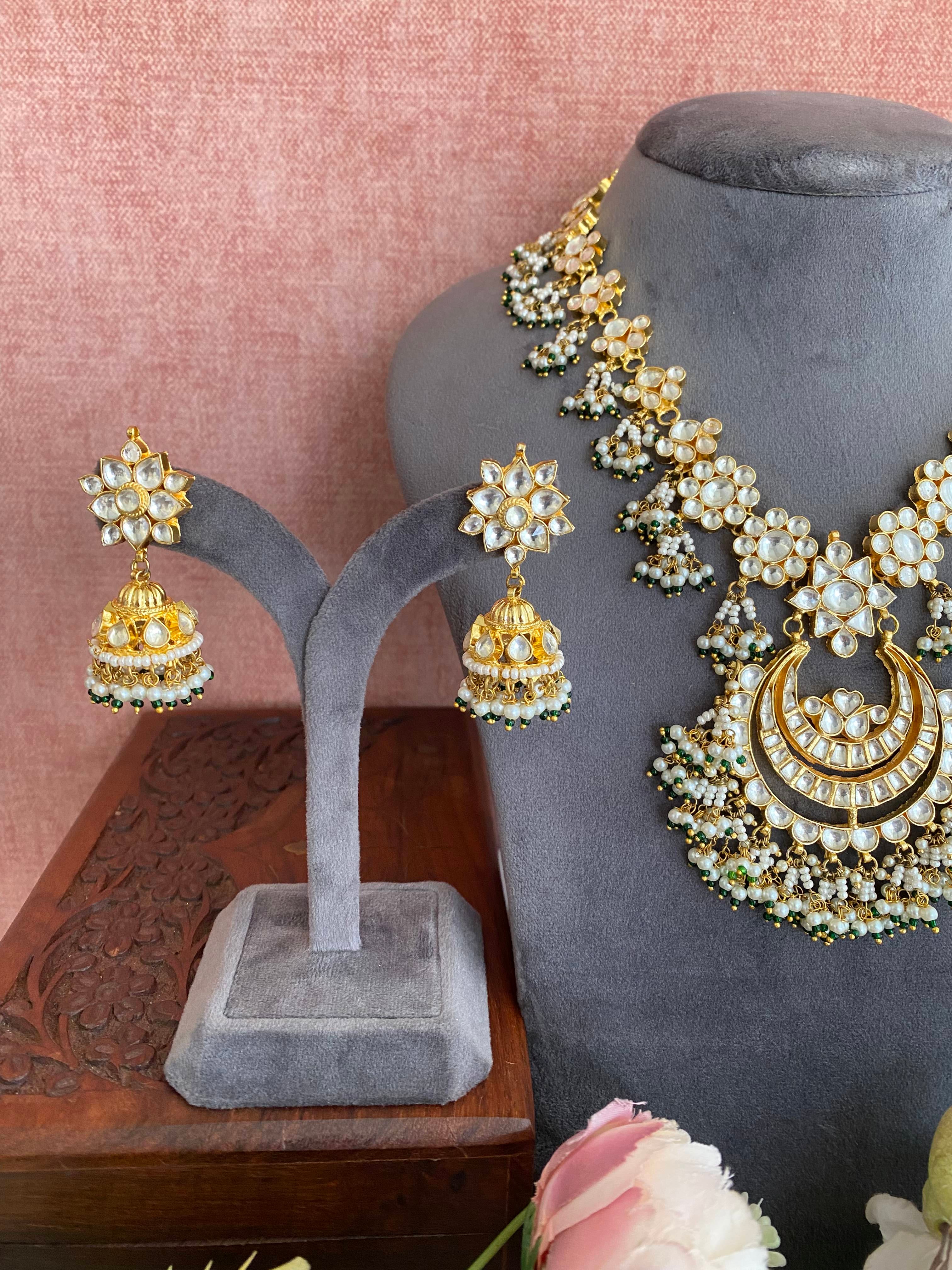 Gold Plated Kundan long set in Green pearl