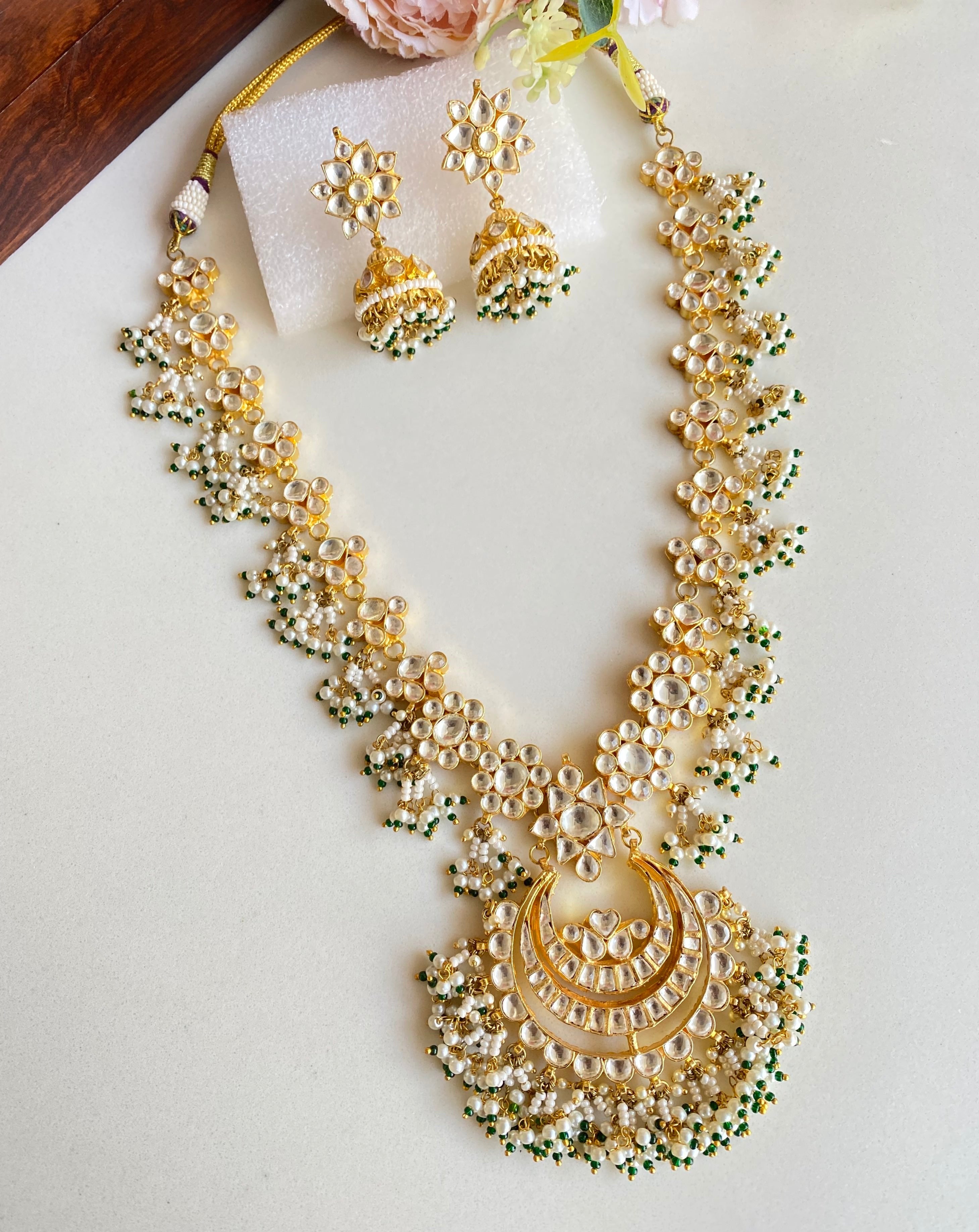 Gold Plated Kundan long set in Green pearl