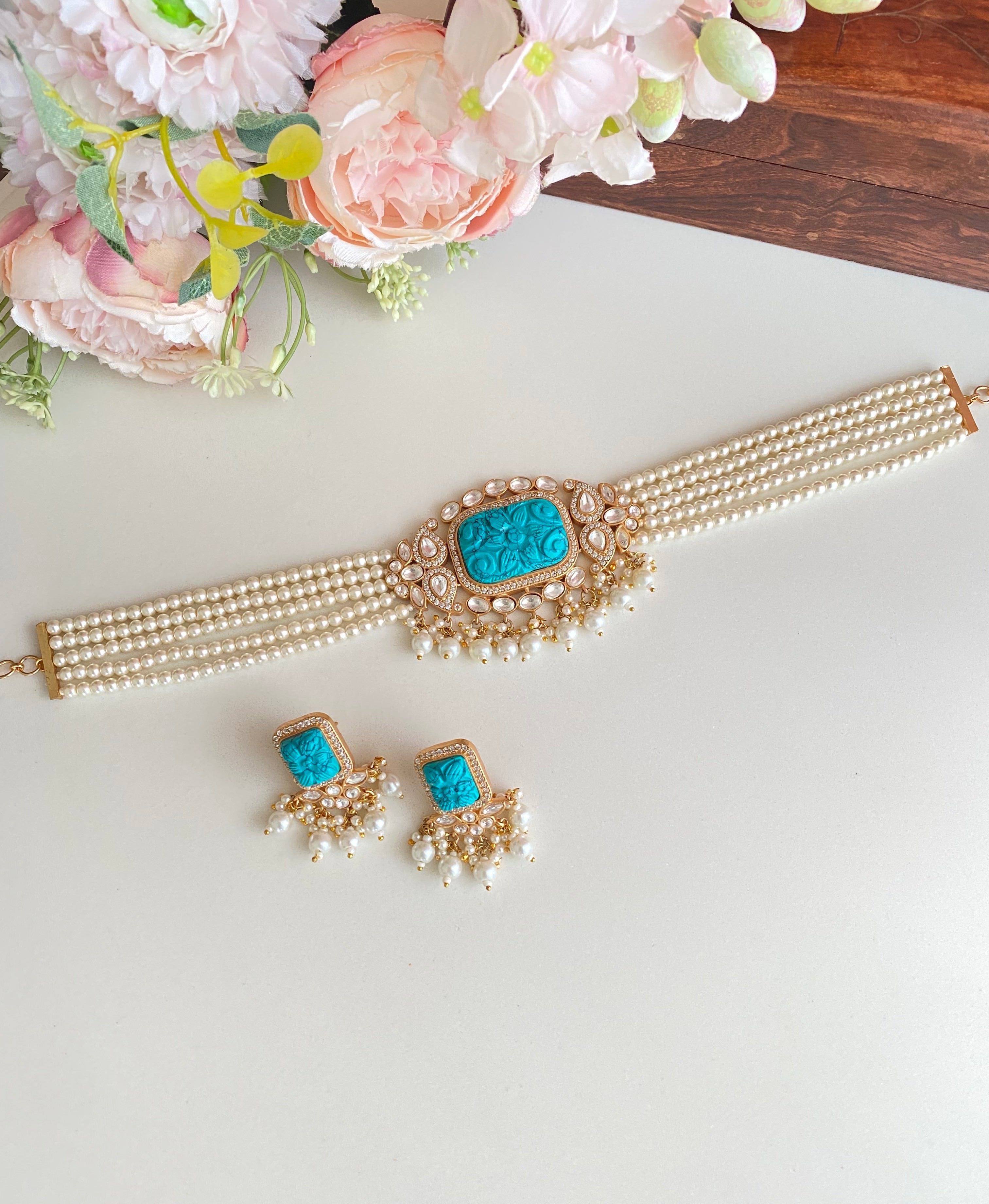 Gold plating Turquoise Choker Set