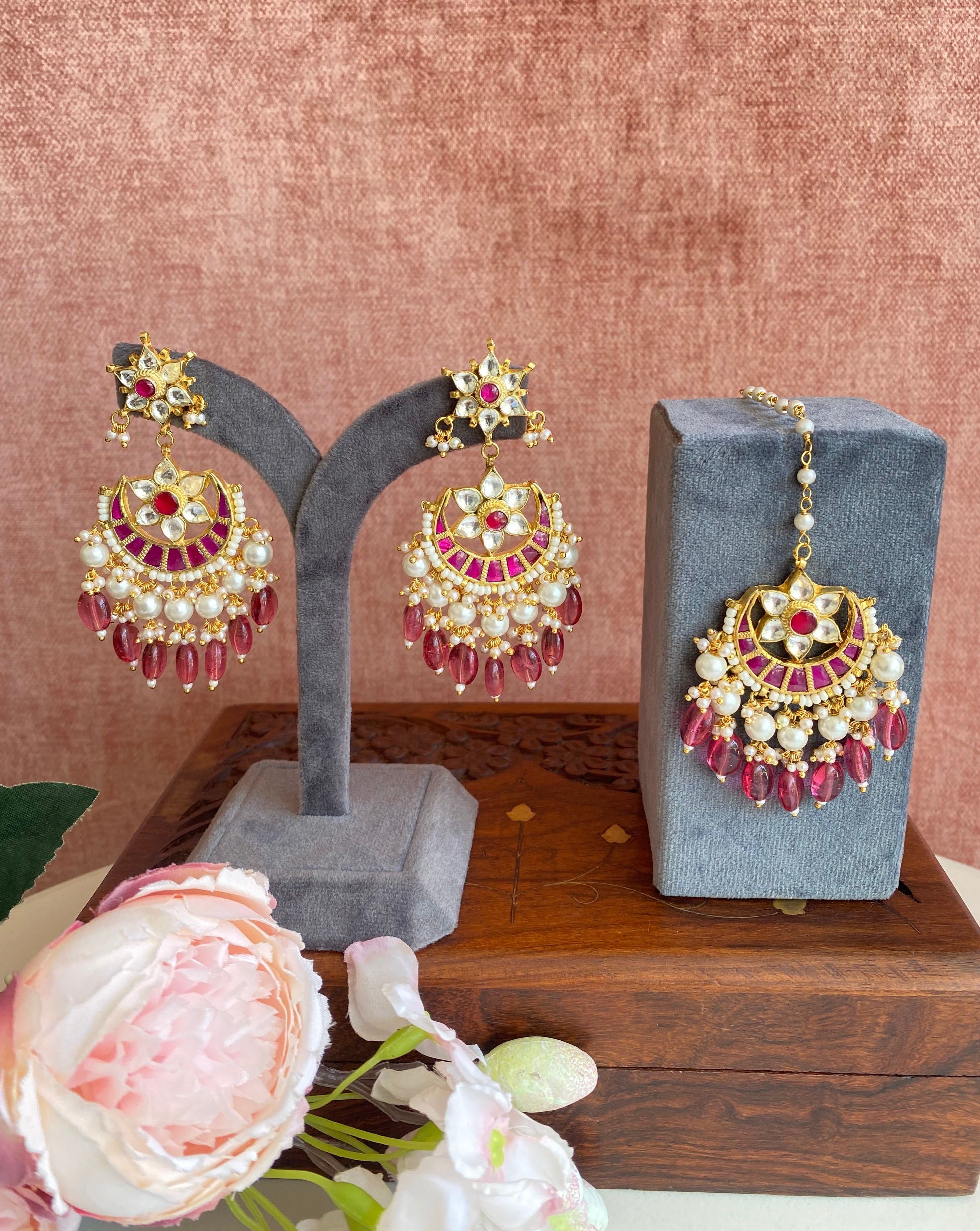 Gold Plated Kundan earrings With Tikka set