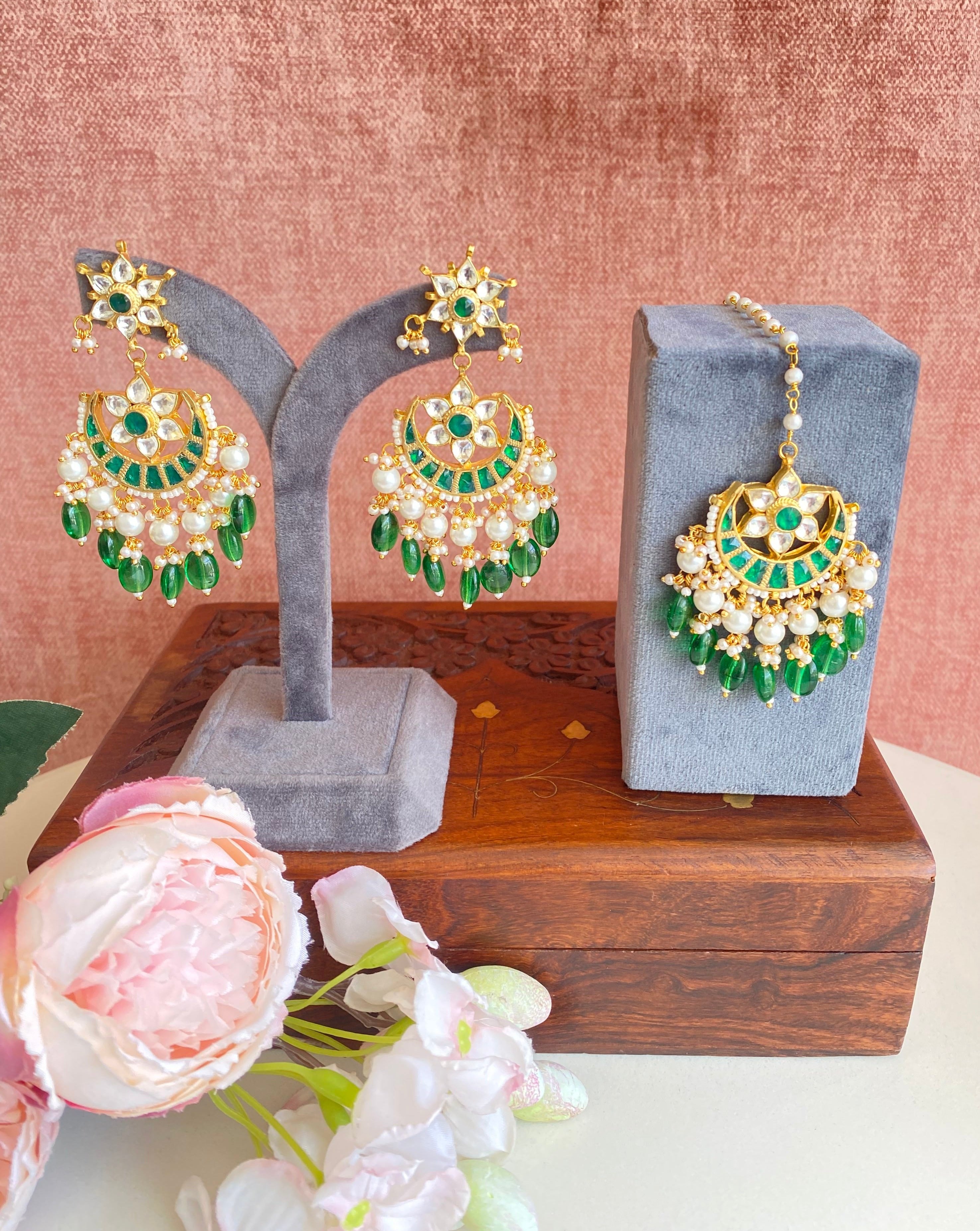 Gold Plated Kundan earrings With Tikka set