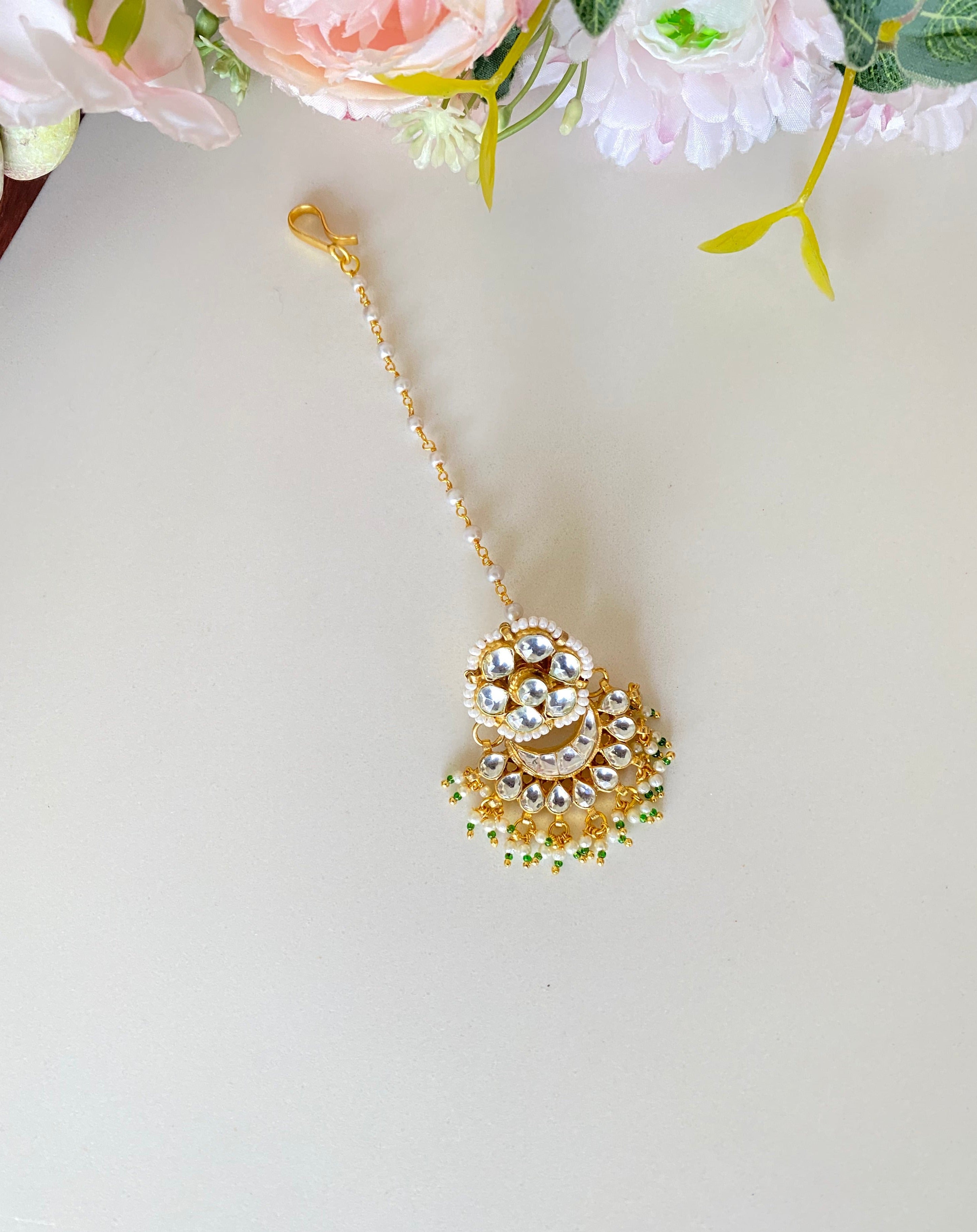Gold Plated Kundan Borla with Tikka