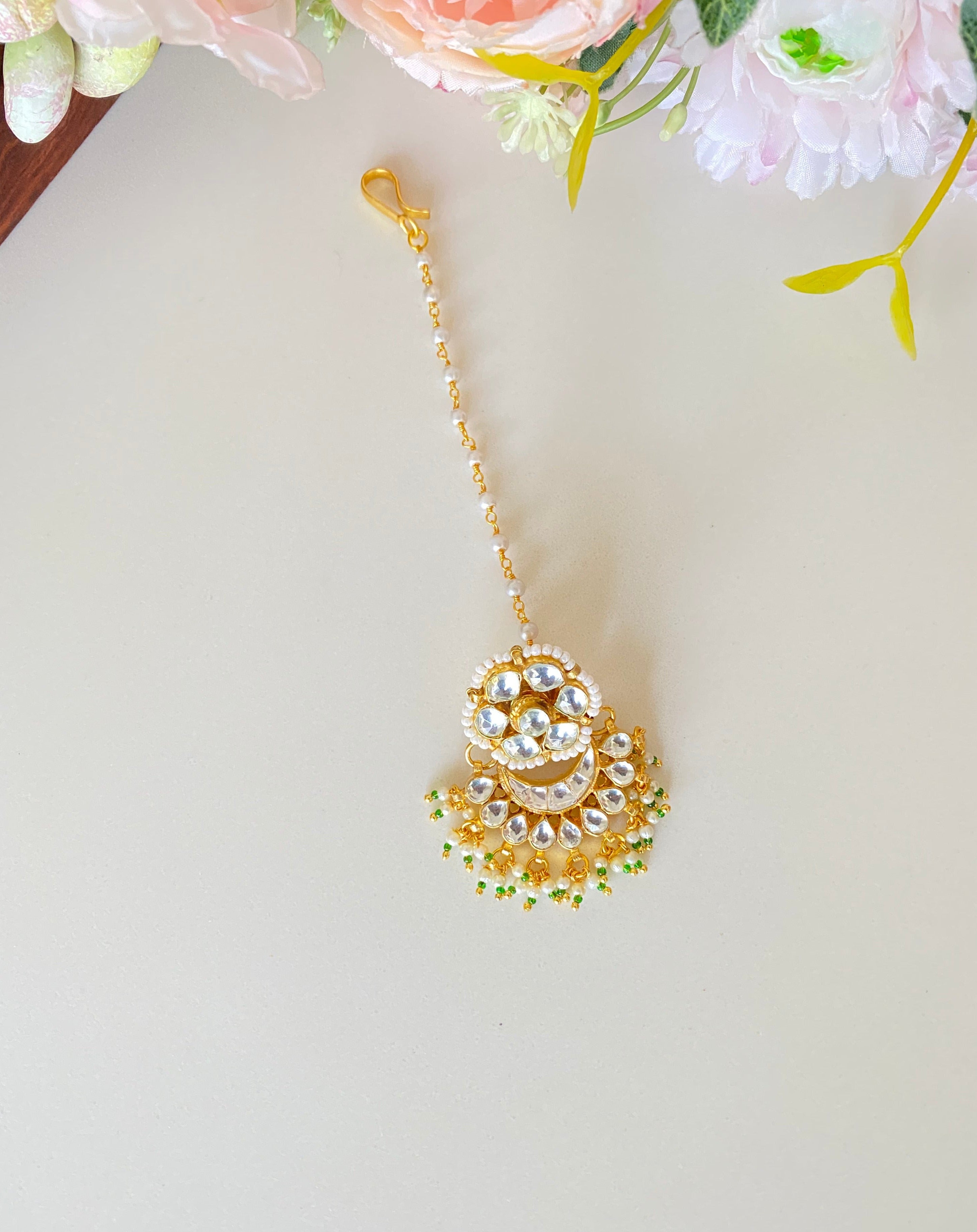 Gold Plated Kundan Borla with Tikka