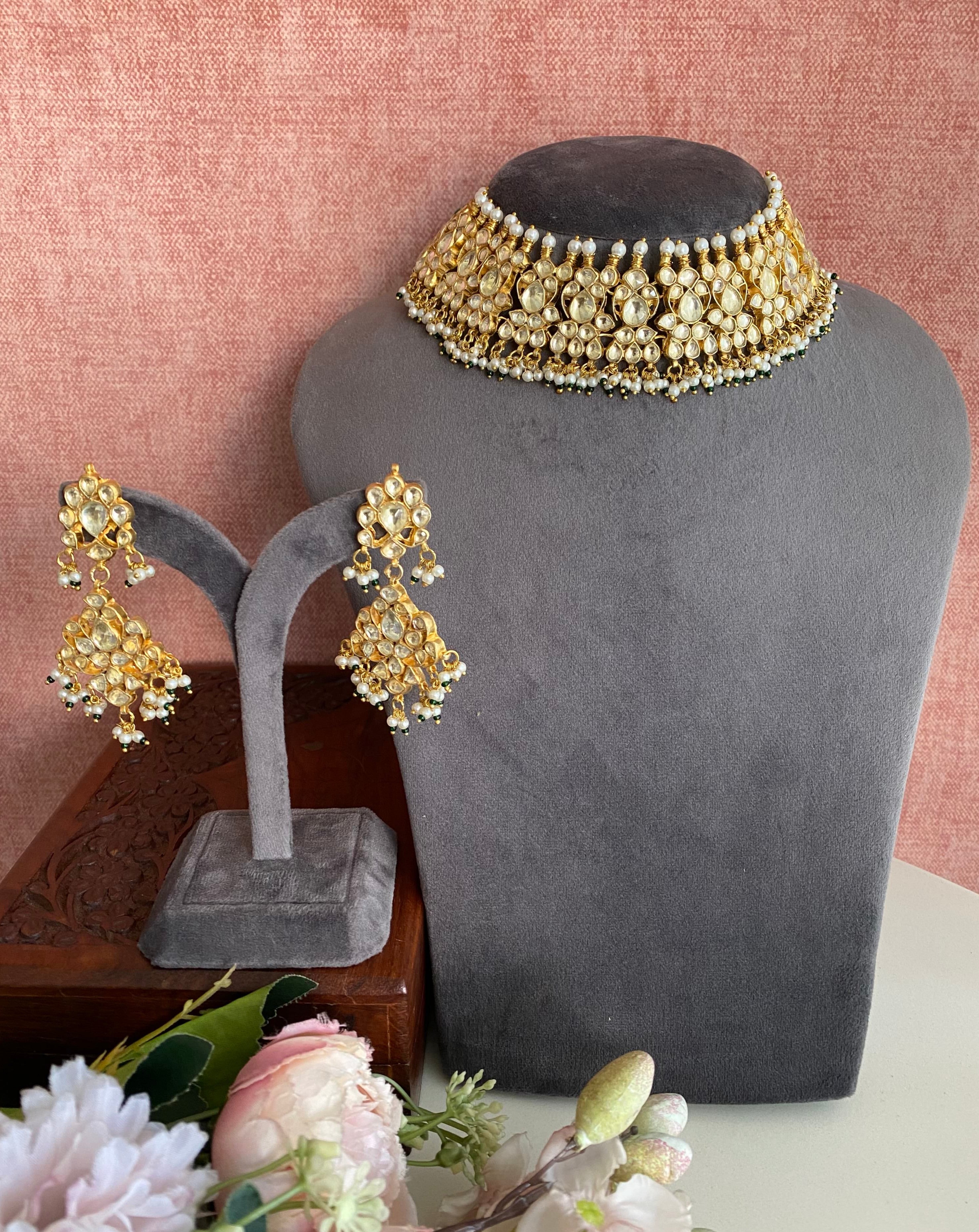 Kundan Gold plated Necklace Set in Green Pearl