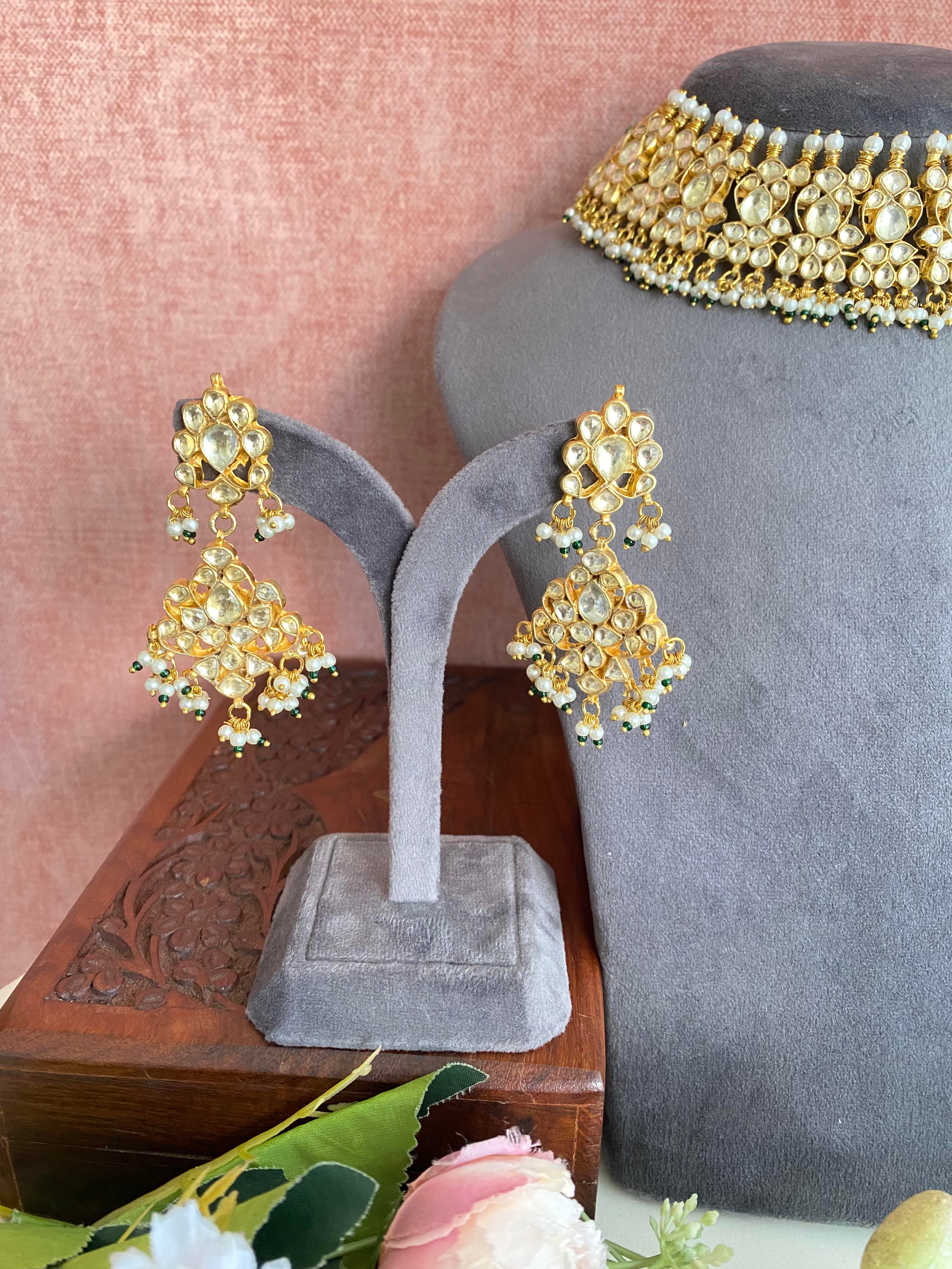 Kundan Gold plated Necklace Set in Green Pearl