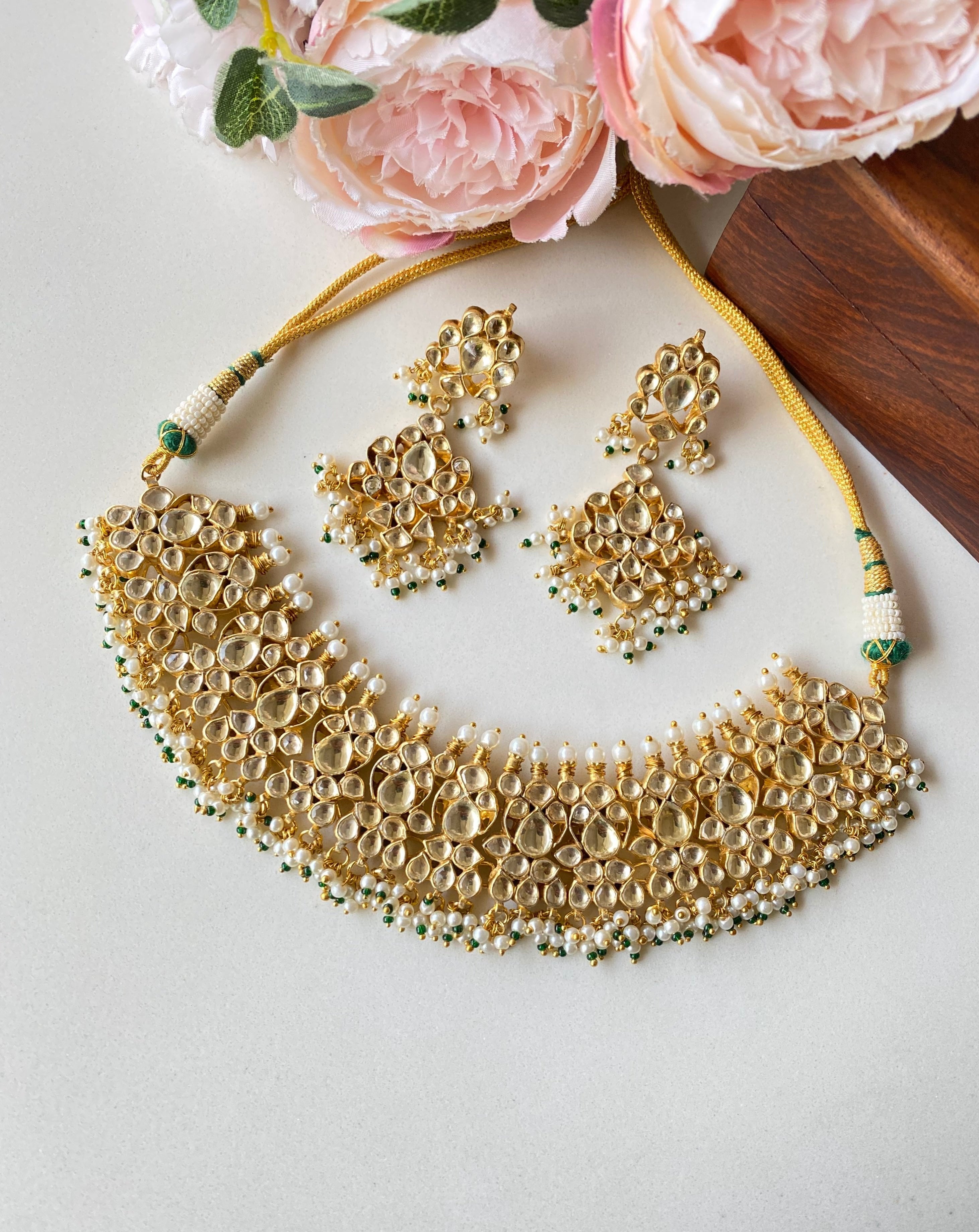 Kundan Gold plated Necklace Set in Green Pearl