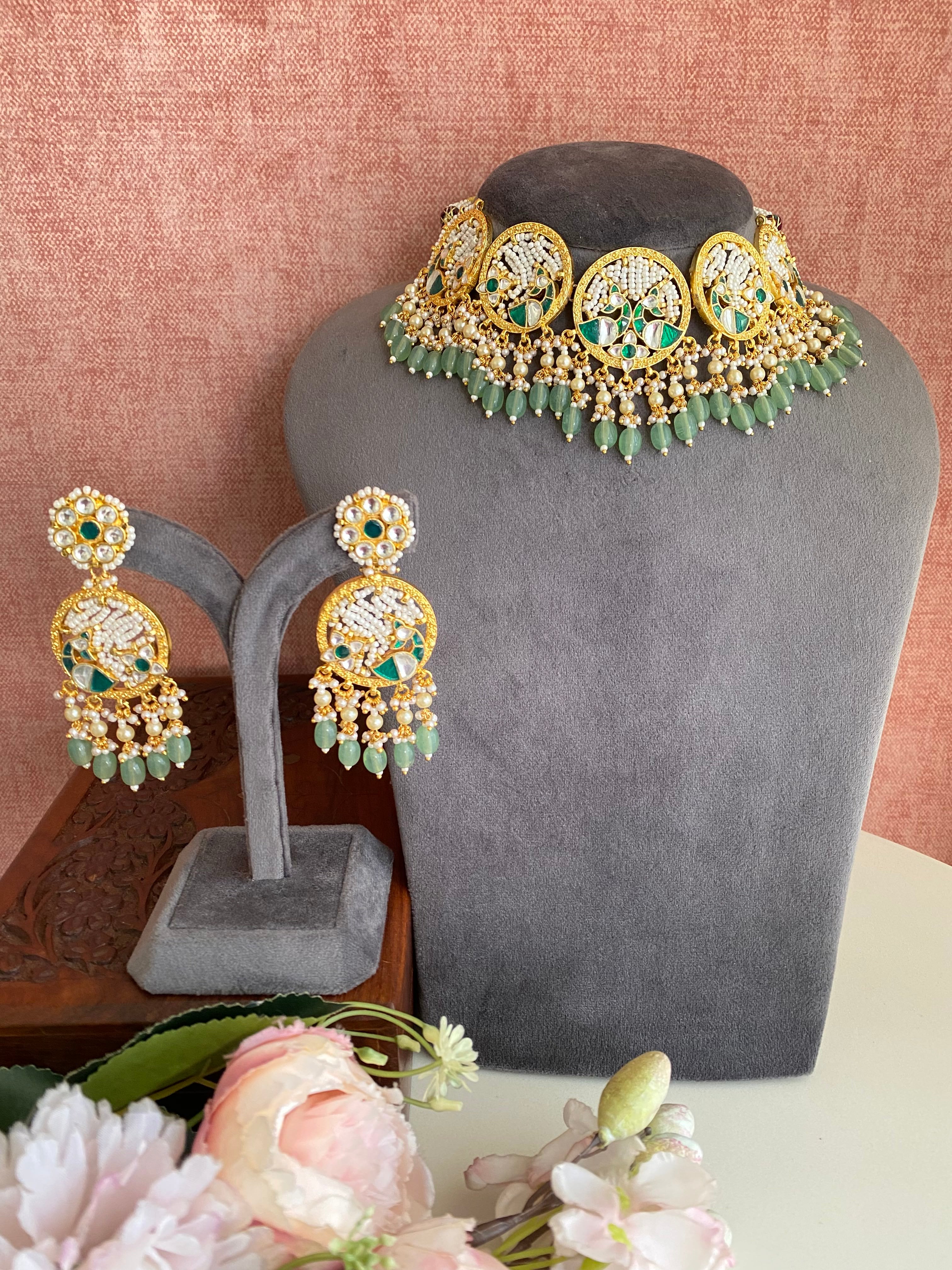 Kundan Gold plated Necklace Set in Mint Drops