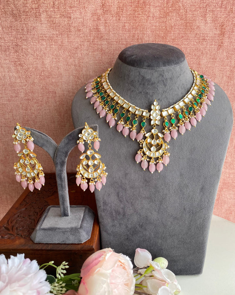 Kundan necklace set with pink drops and earrings – Masayaa