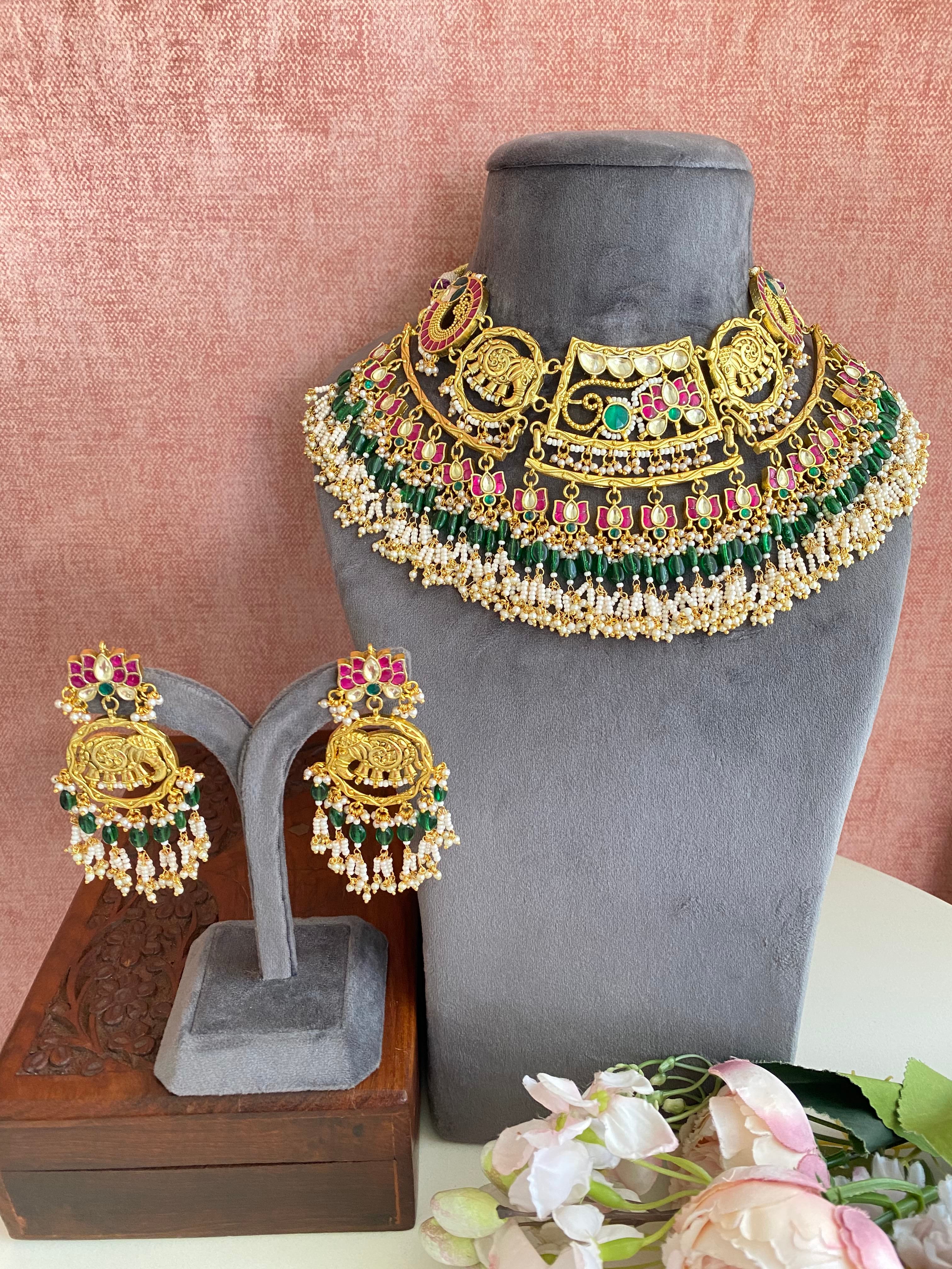 Gold Plated Antique Kundan Bridal Necklace Set