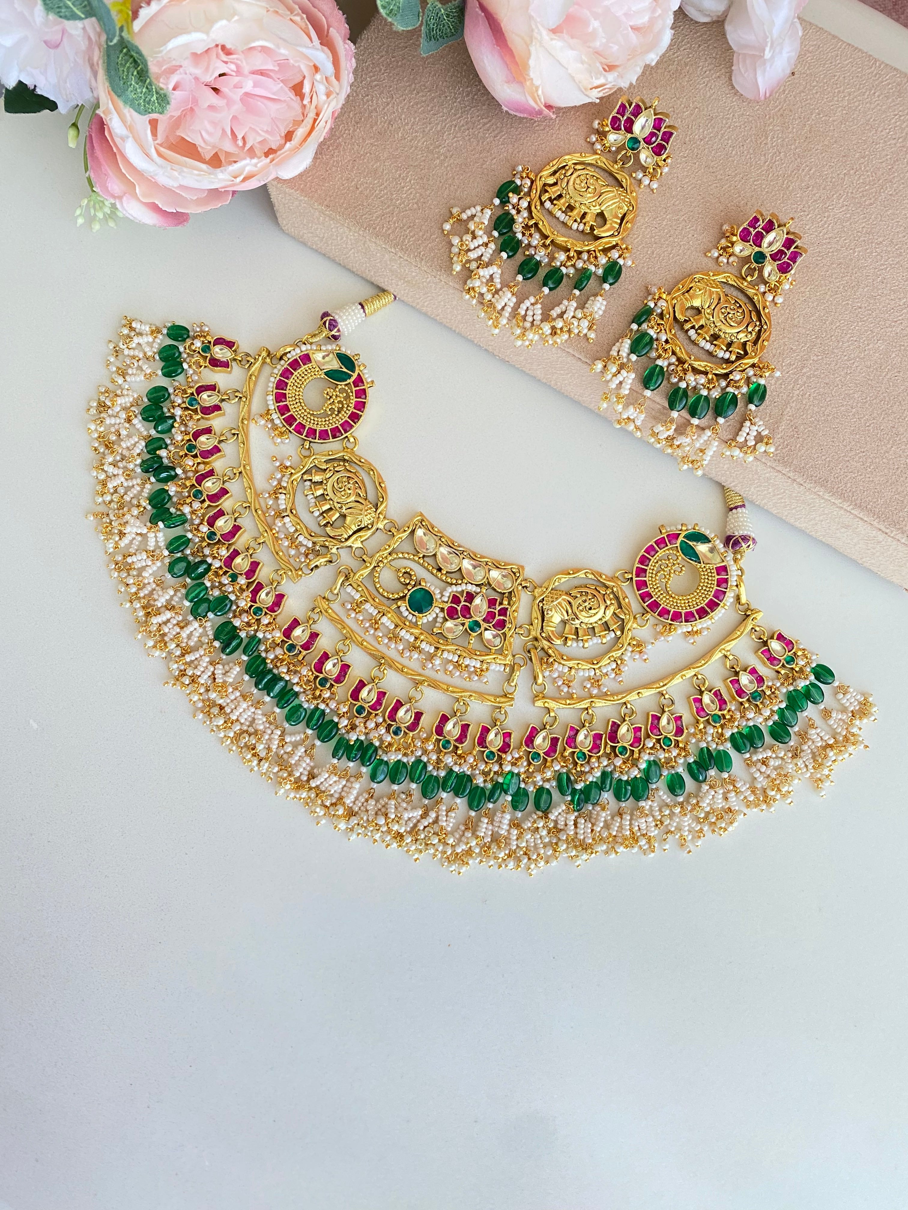 Gold Plated Antique Kundan Bridal Necklace Set