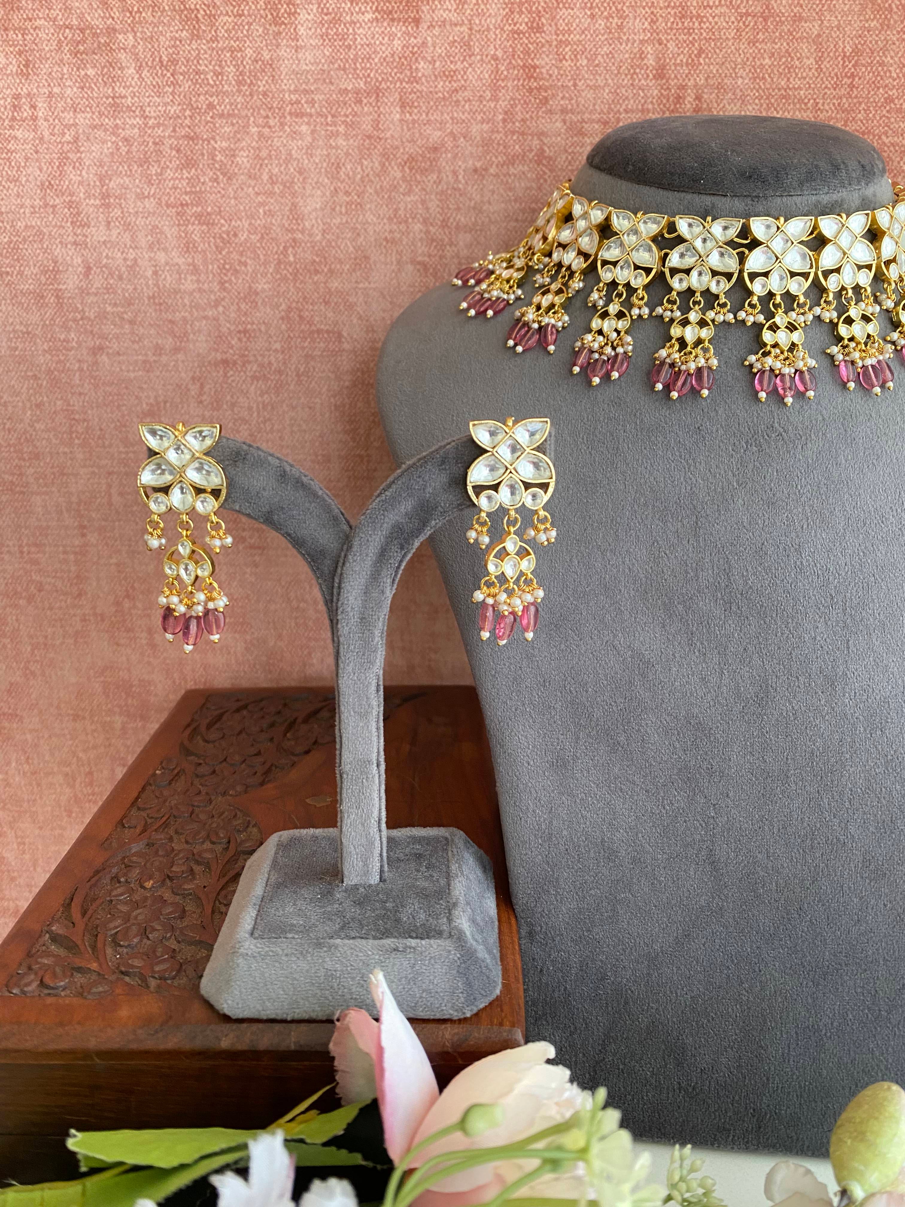 Gold plated Kundan Choker Set in Pink Beads