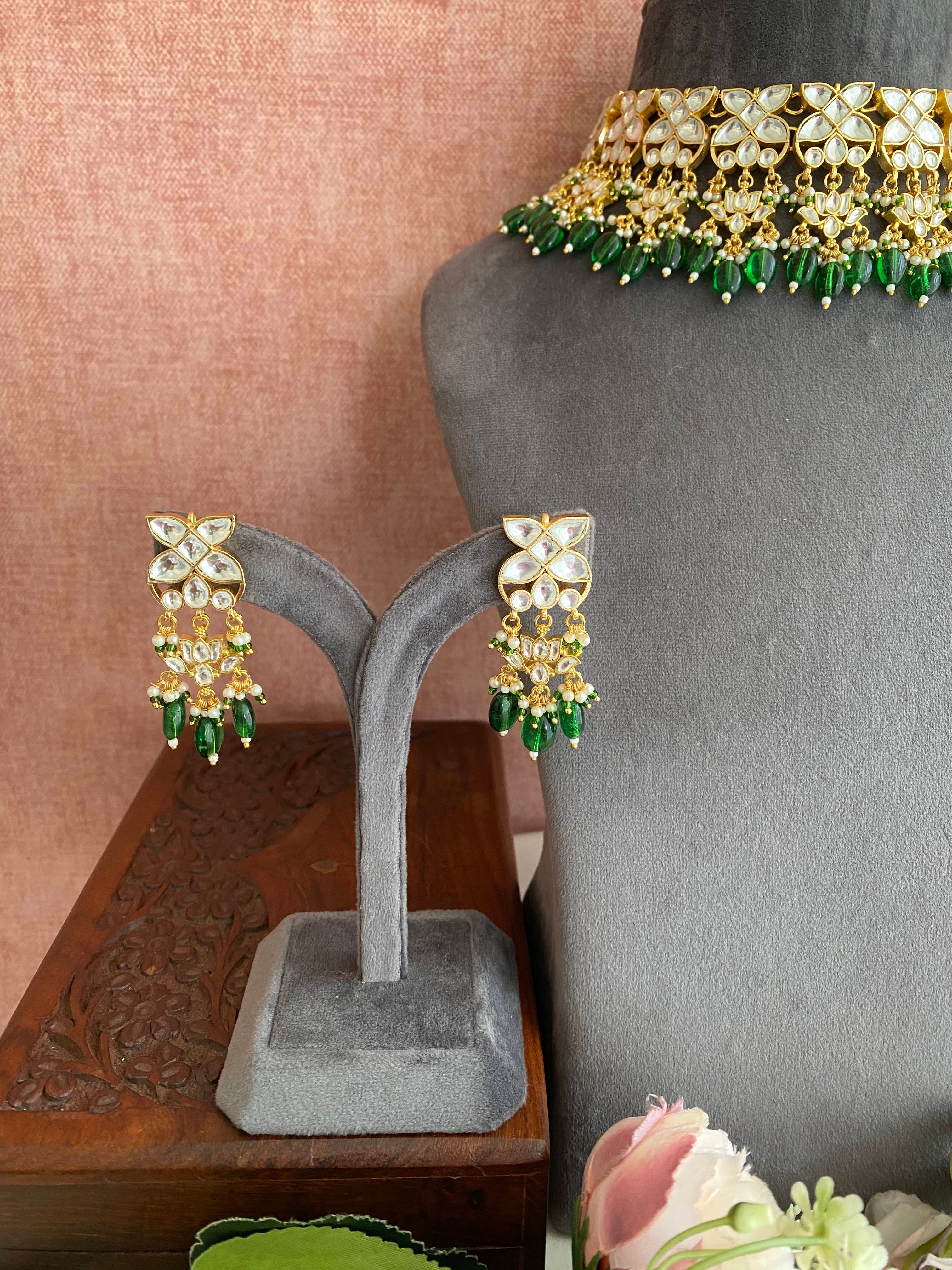 Gold plated Kundan Choker Set in Green Beads