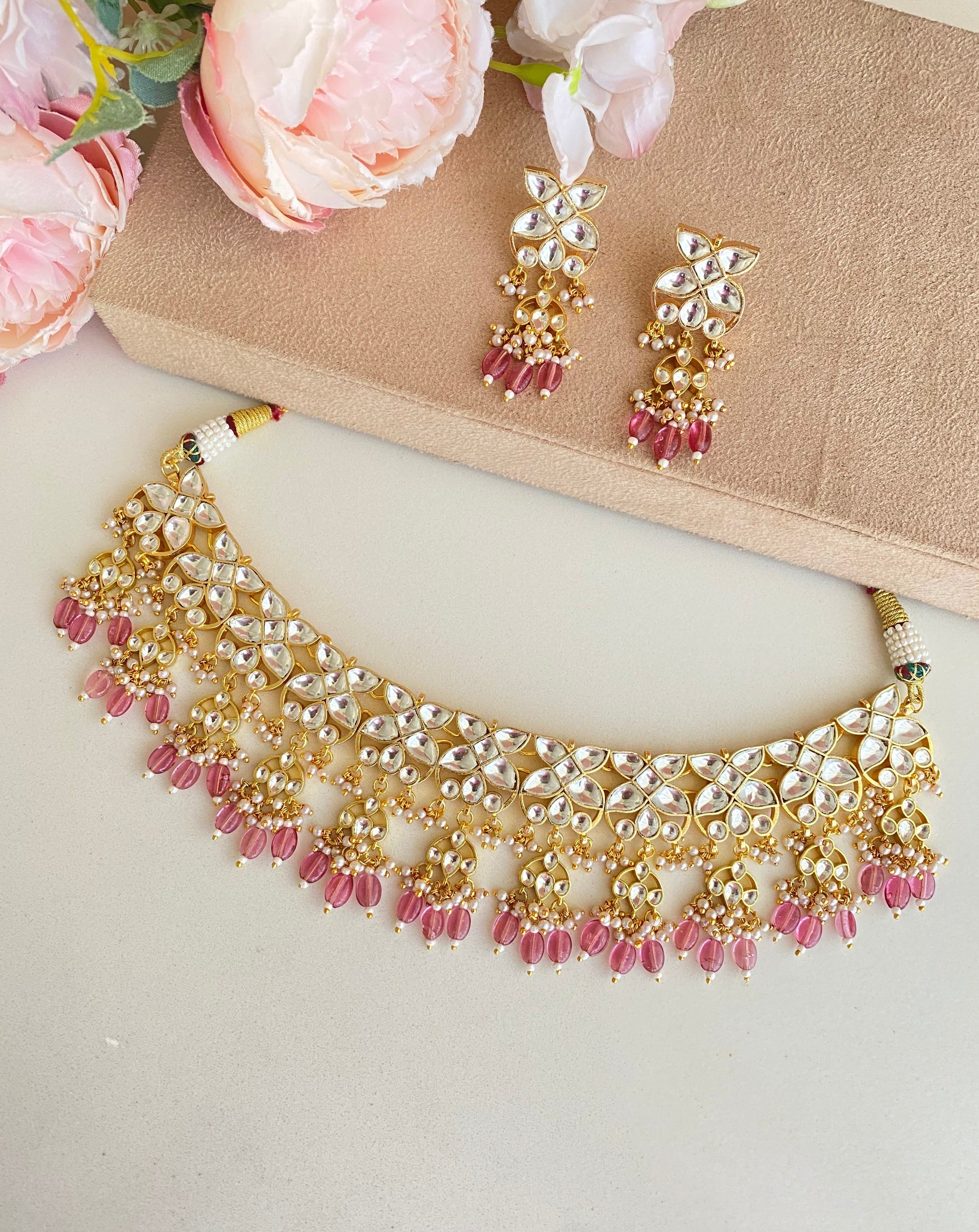 Gold plated Kundan Choker Set in Pink Beads