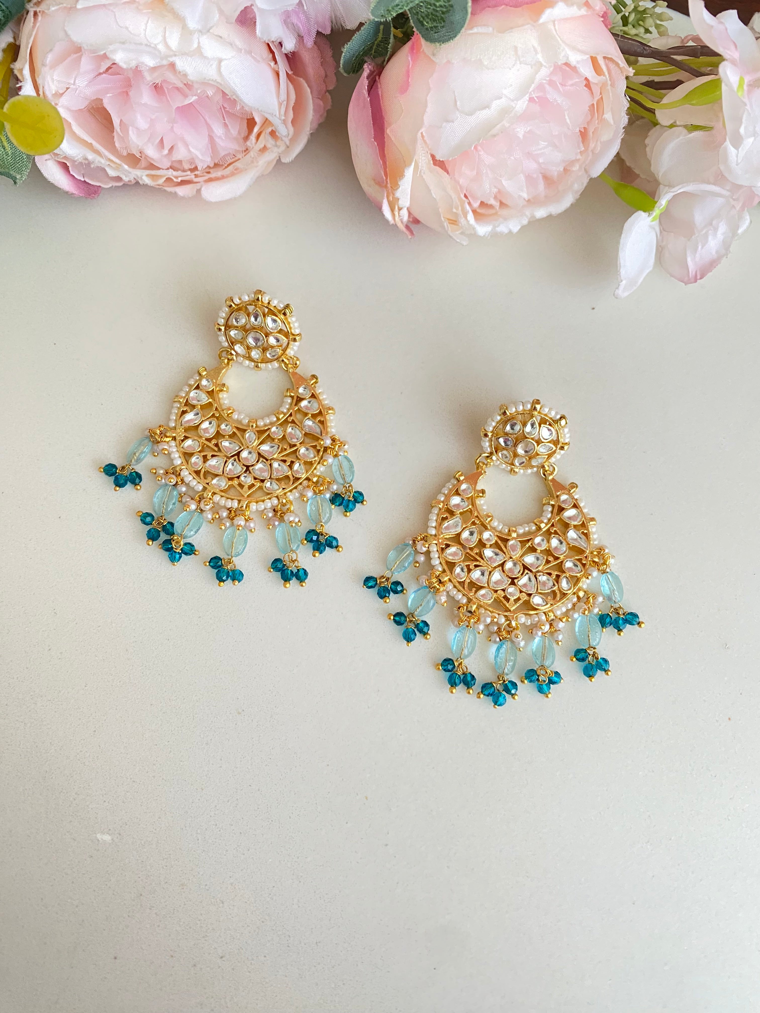 Gold plated Kundan Earring in blue drops