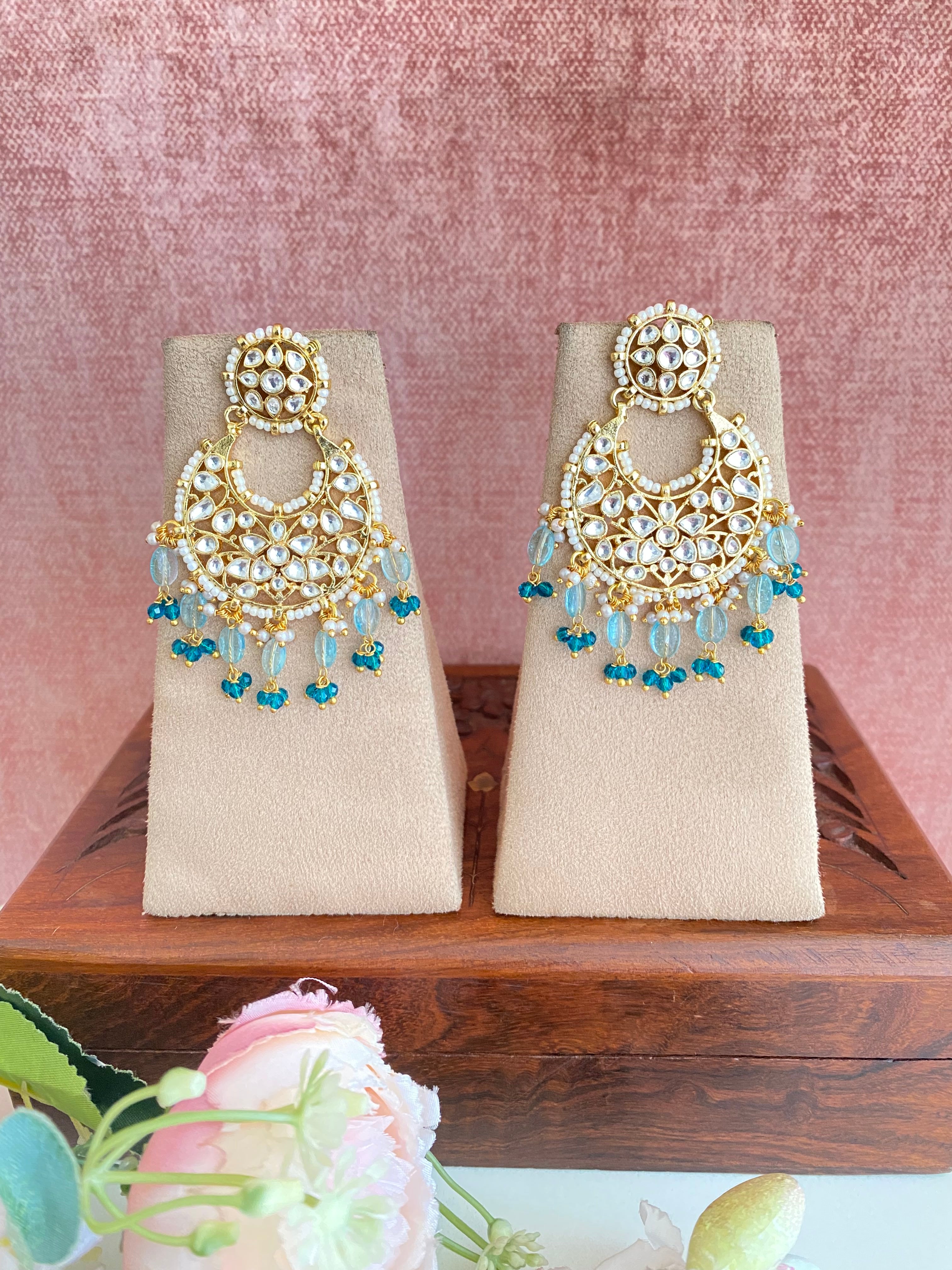 Gold plated Kundan Earring in blue drops