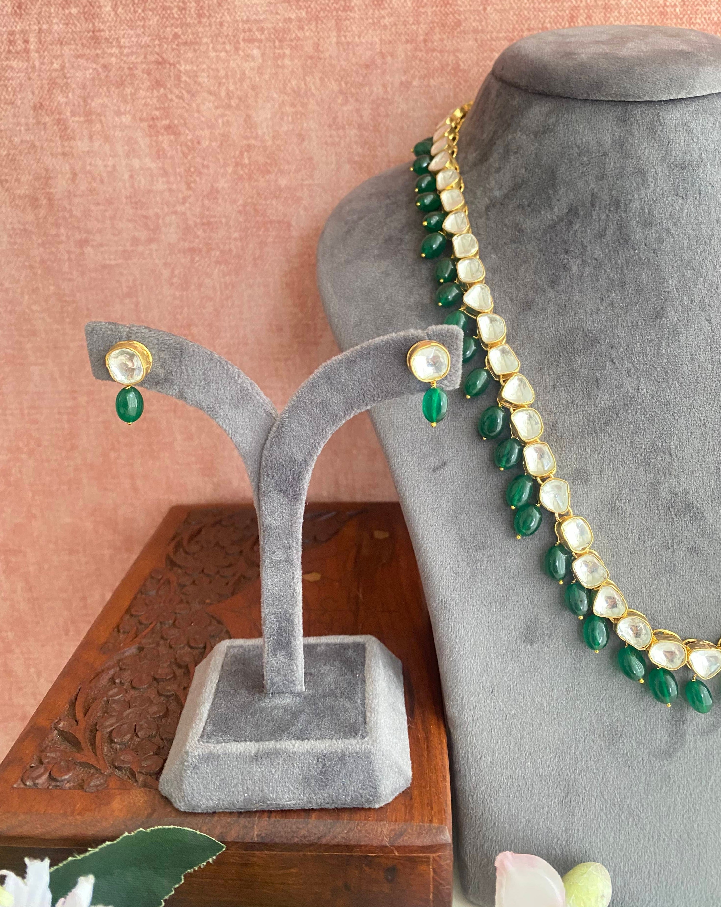 Gold Plated Kundan Long Necklace set in Green drops