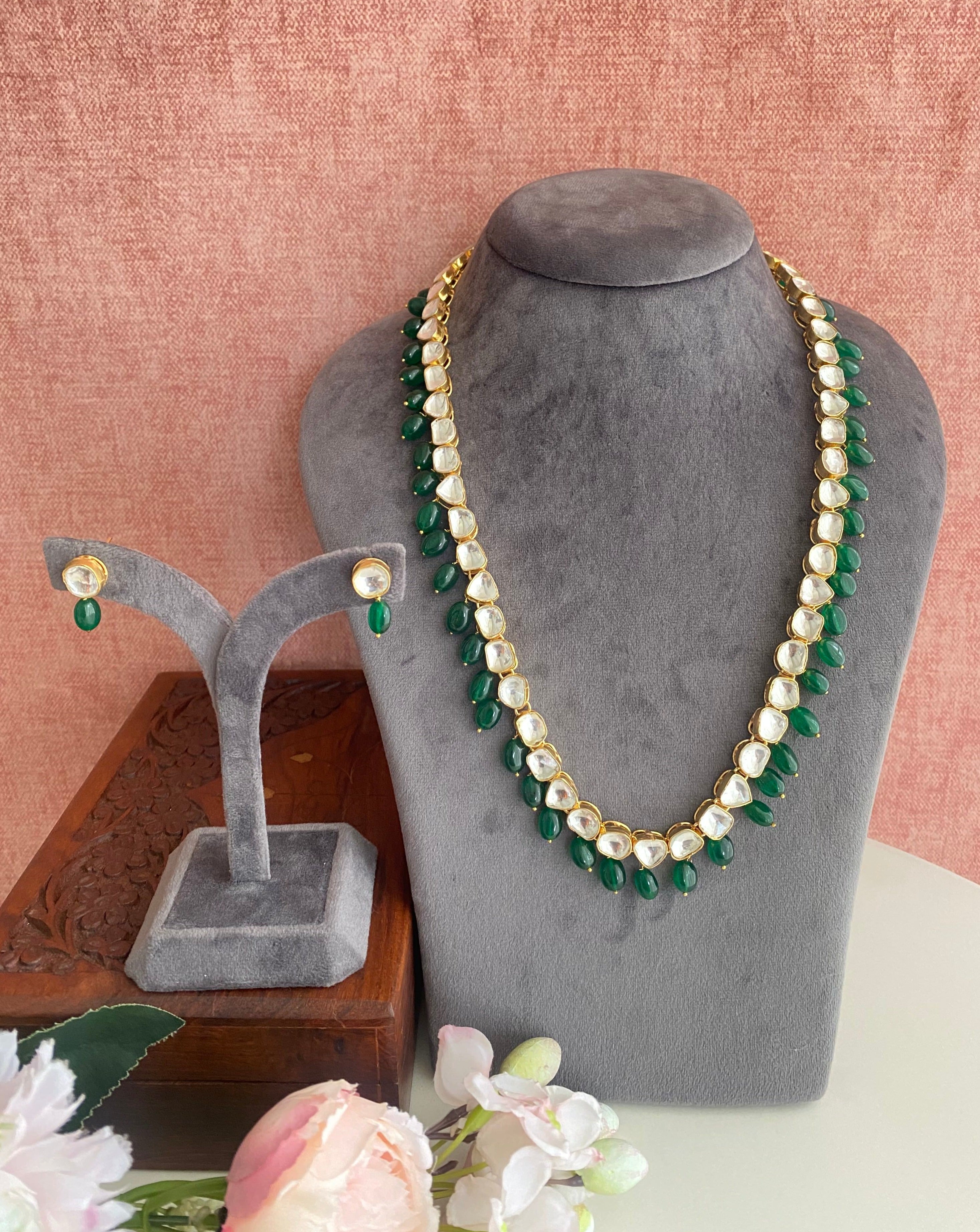 Gold Plated Kundan Long Necklace set in Green drops