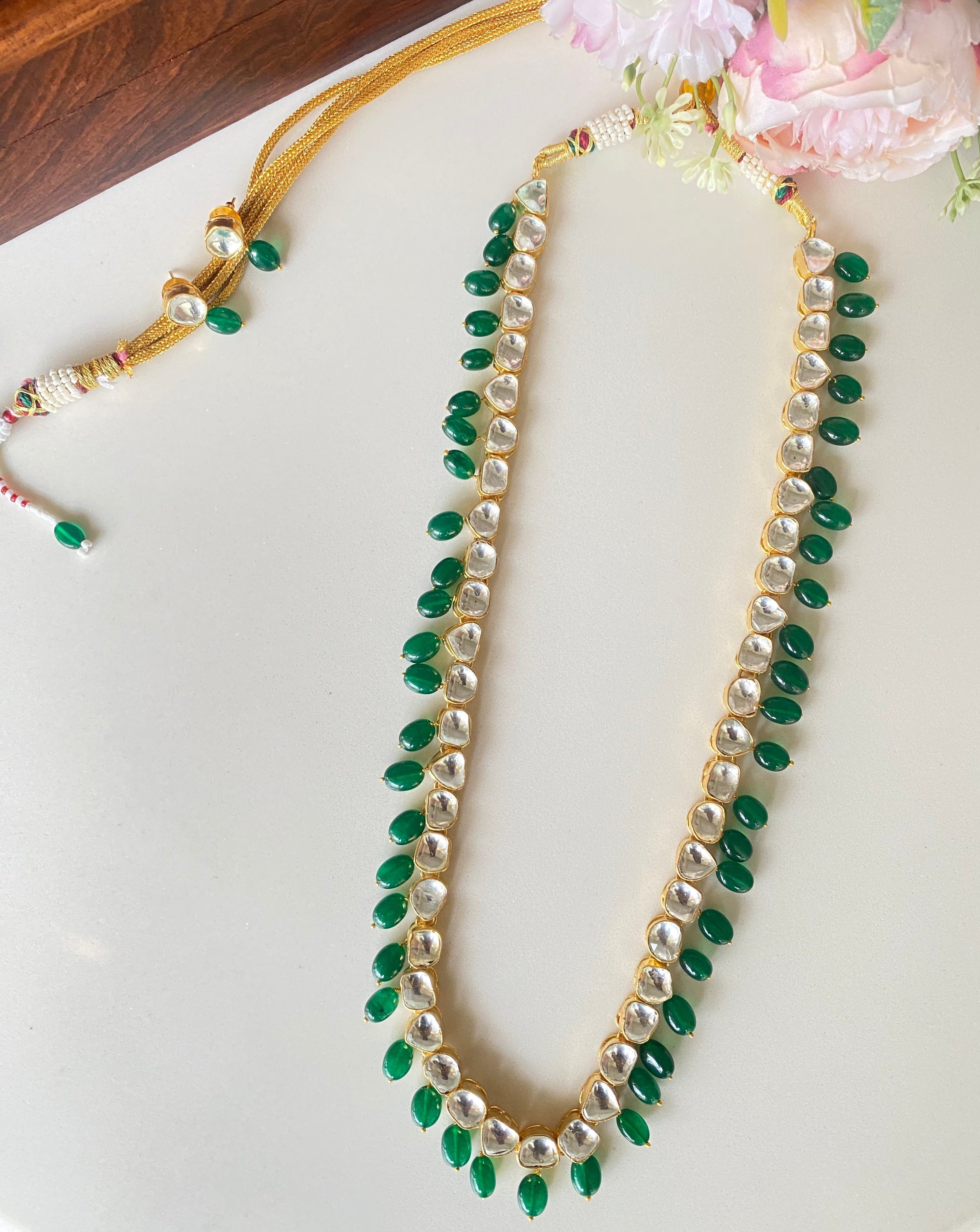 Gold Plated Kundan Long Necklace set in Green drops
