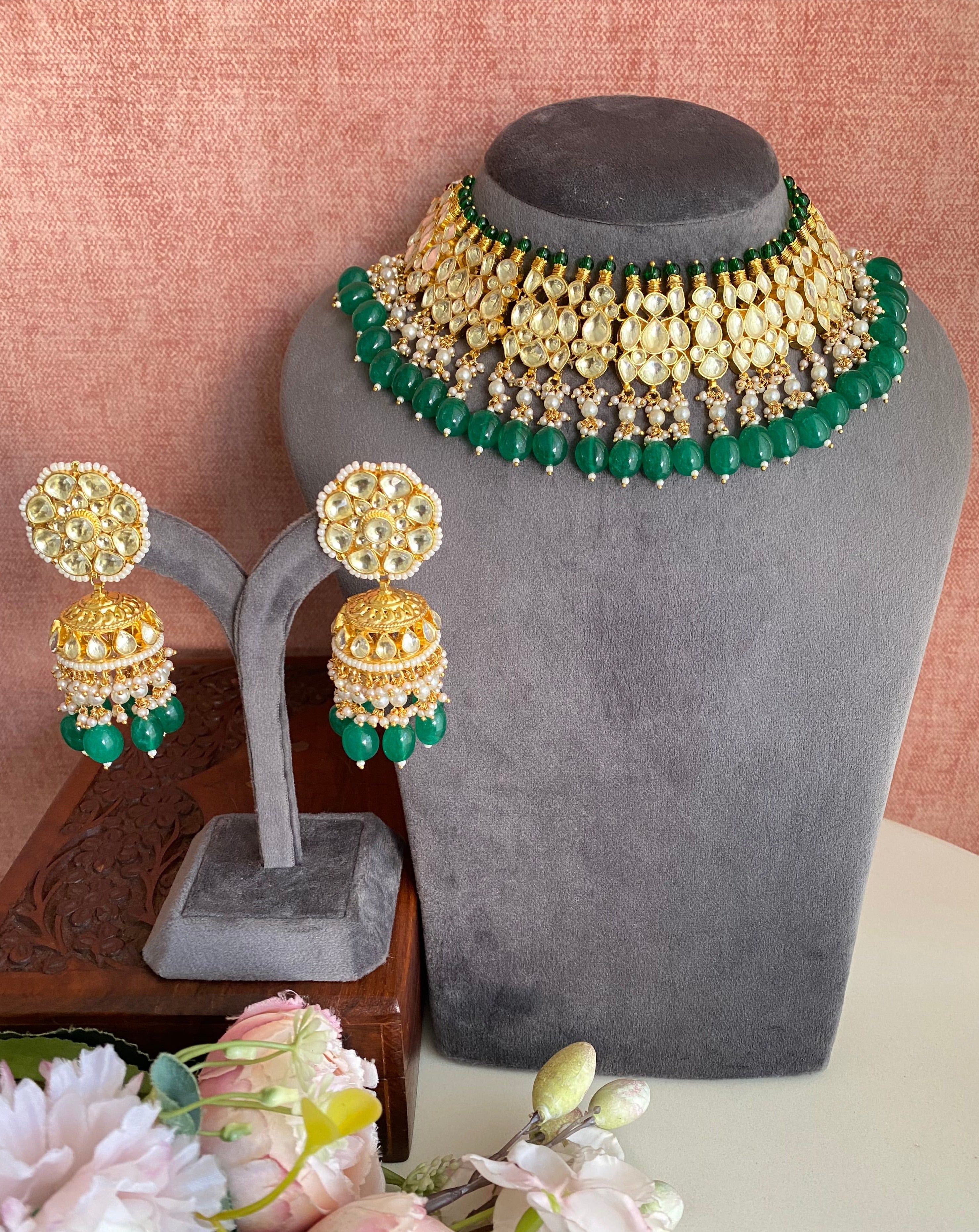 Kundan Gold plated Necklace Set in Green Drops