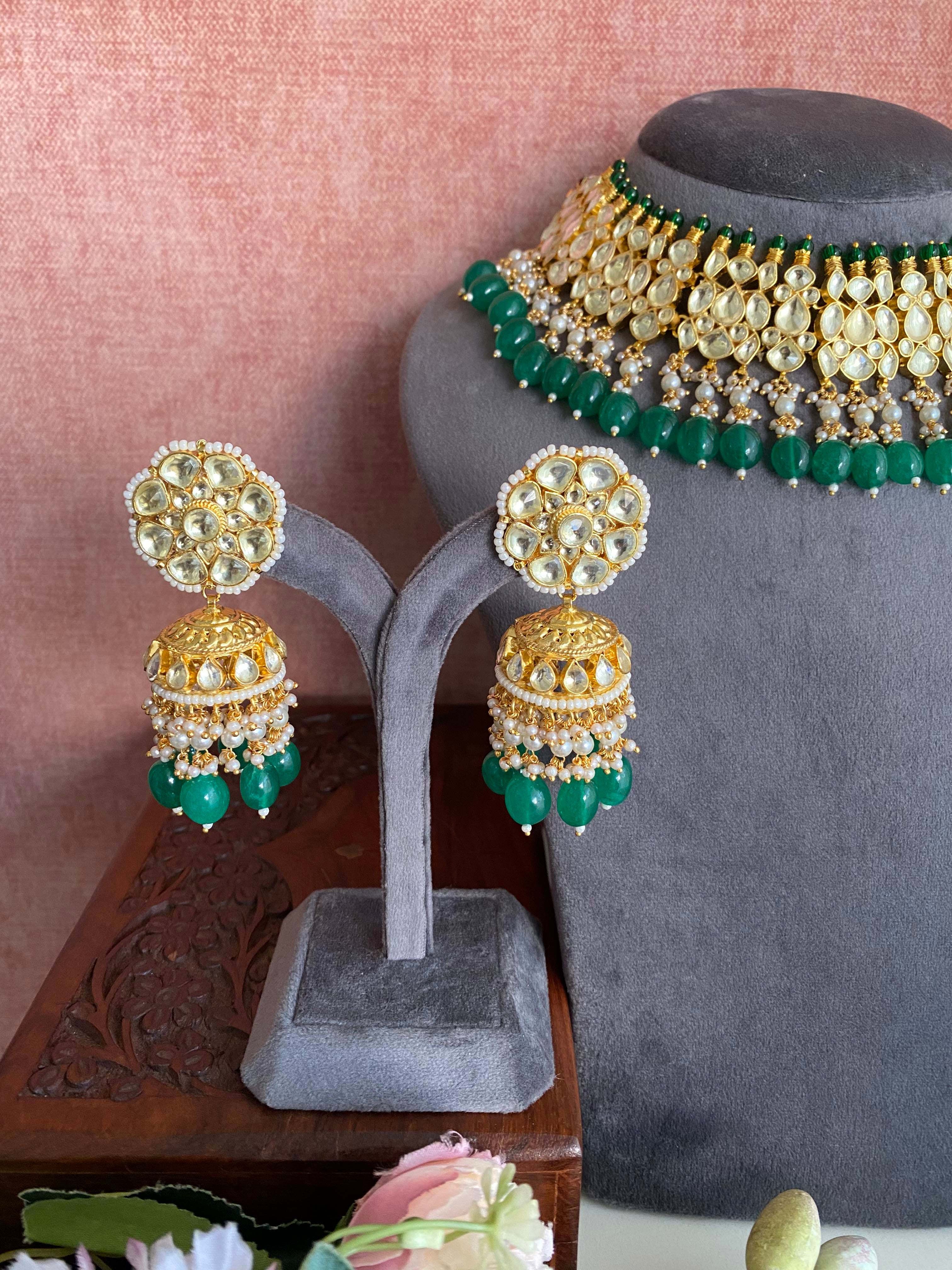 Kundan Gold plated Necklace Set in Green Drops
